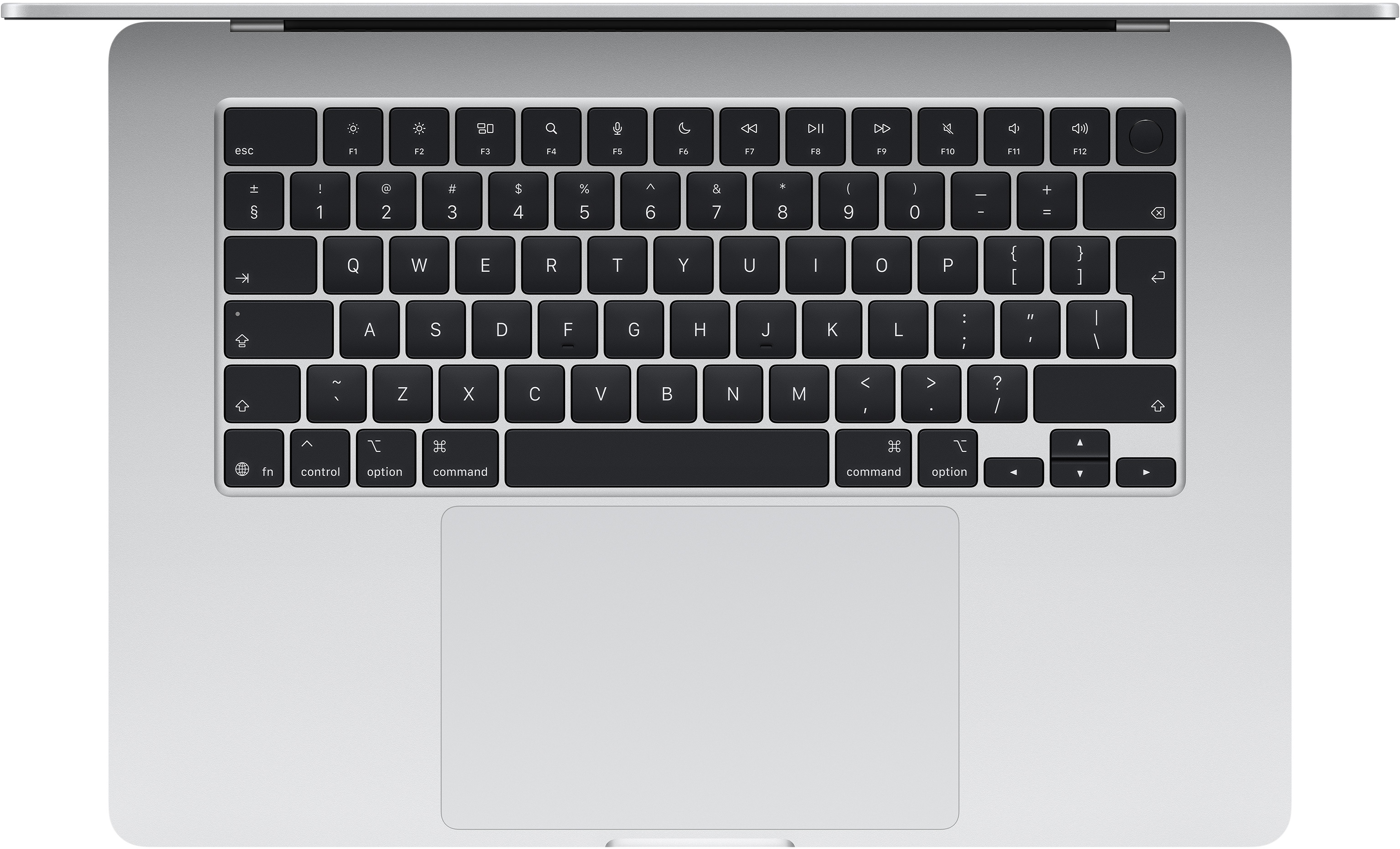 Ezüst laptop billentyűzet és érintőpad közelképe.