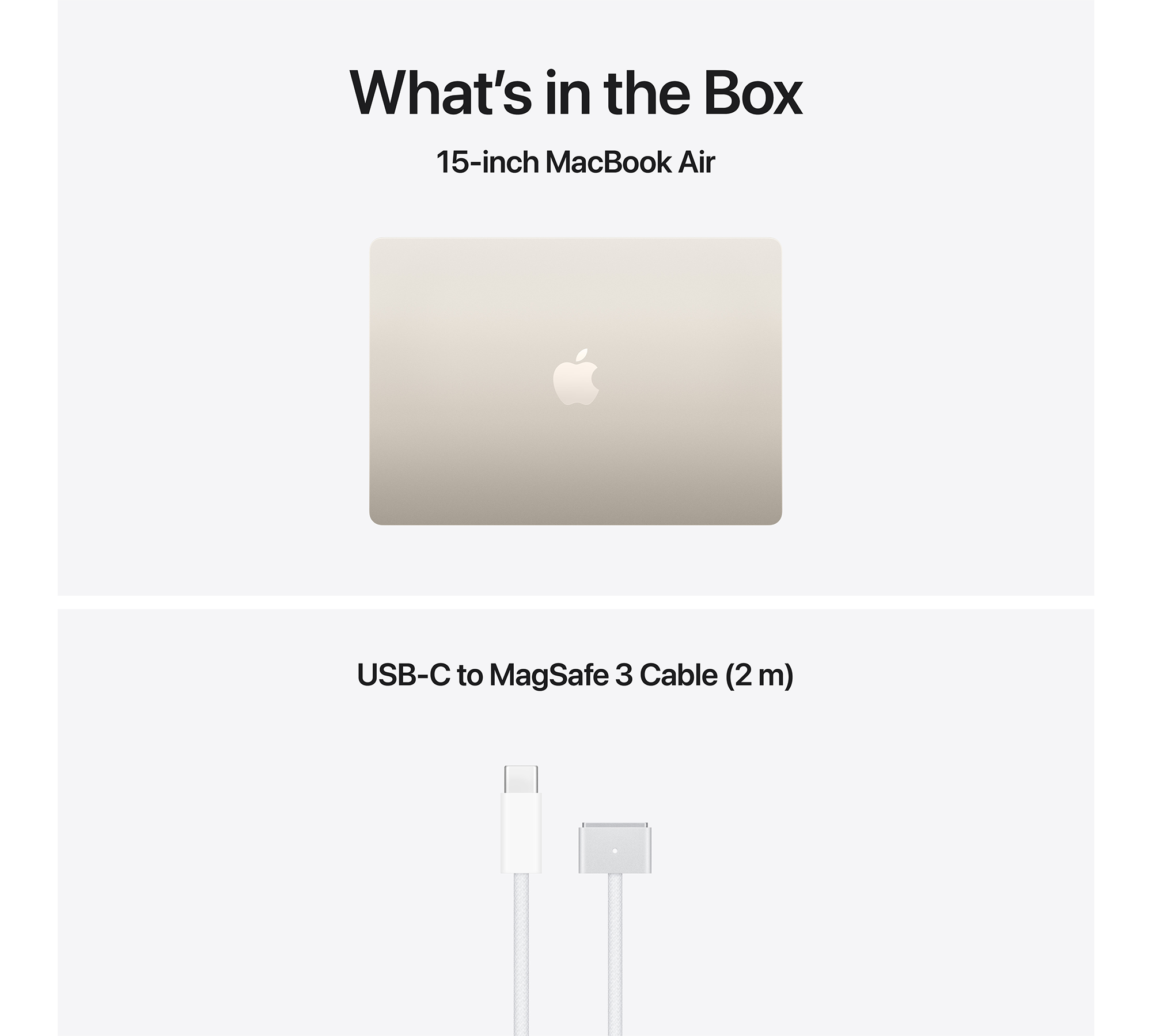 Egy arany 15 hüvelykes MacBook Air és egy fehér USB-C - MagSafe 3 kábel.