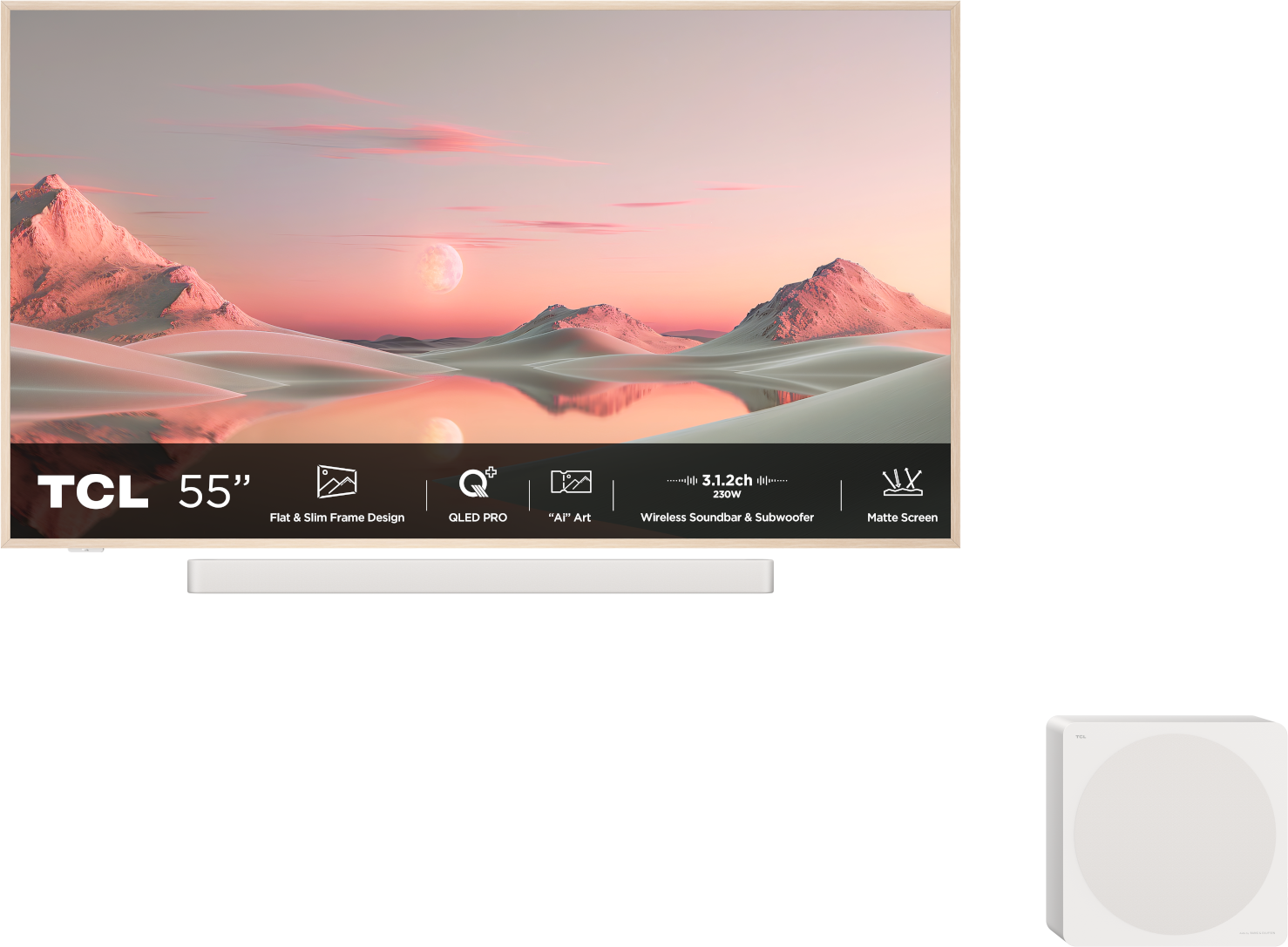 TCL 55" TV with flat frame, QLED PRO, AI Art, 3.1.2ch soundbar and subwoofer.