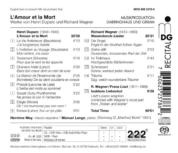 CD-Cover mit Werkliste von Duparc und Wagner, Sängern und Pianisten.