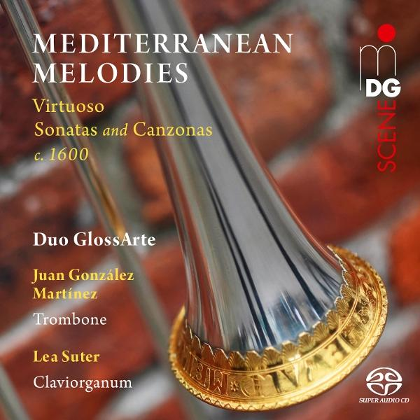 Albumcover mit Trompete, Titel 'MEDITERRANEAN MELODIES', Künstler und Details.