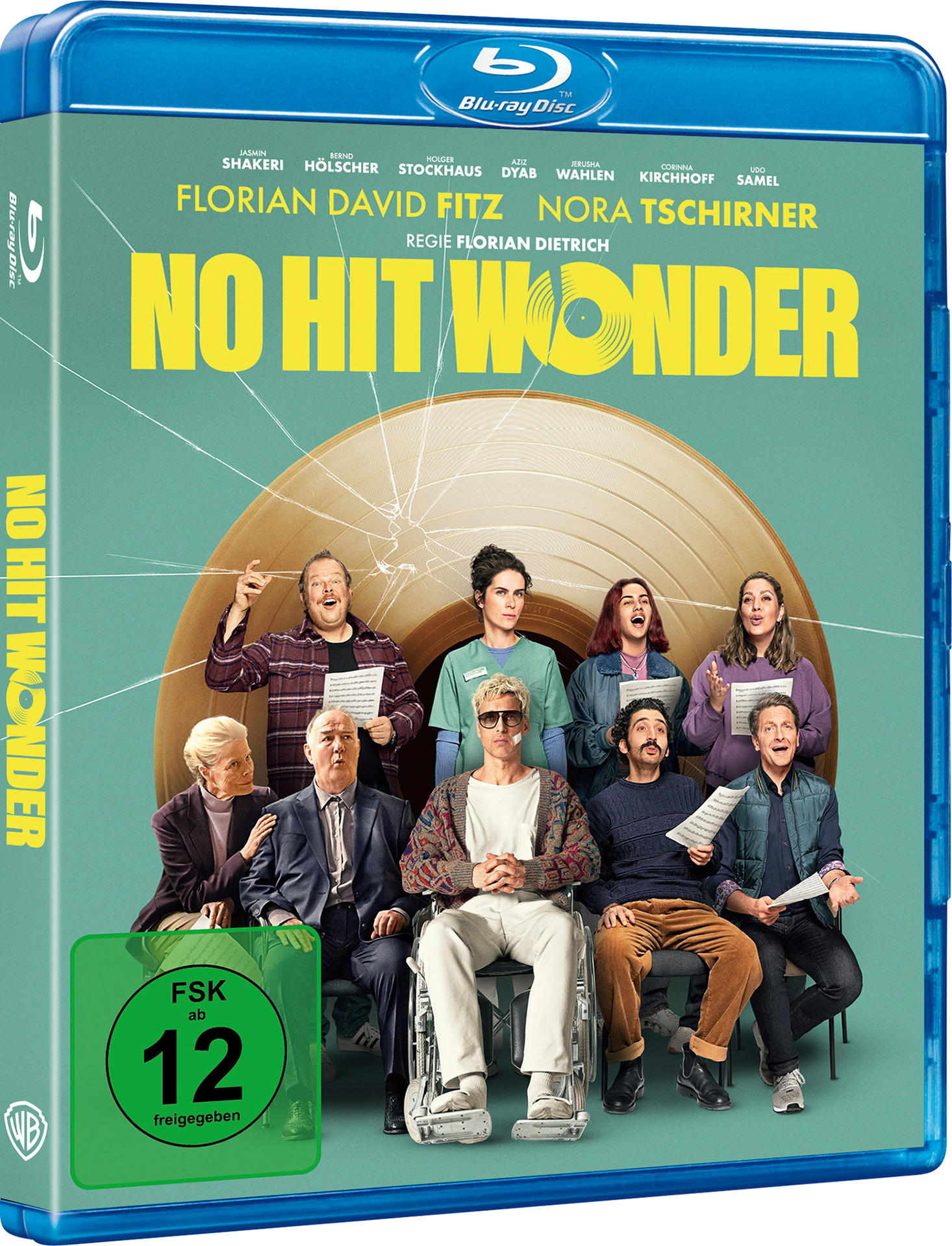 Filmplakat mit einer Gruppe von Menschen, die Noten halten, vor einer Schallplatte.