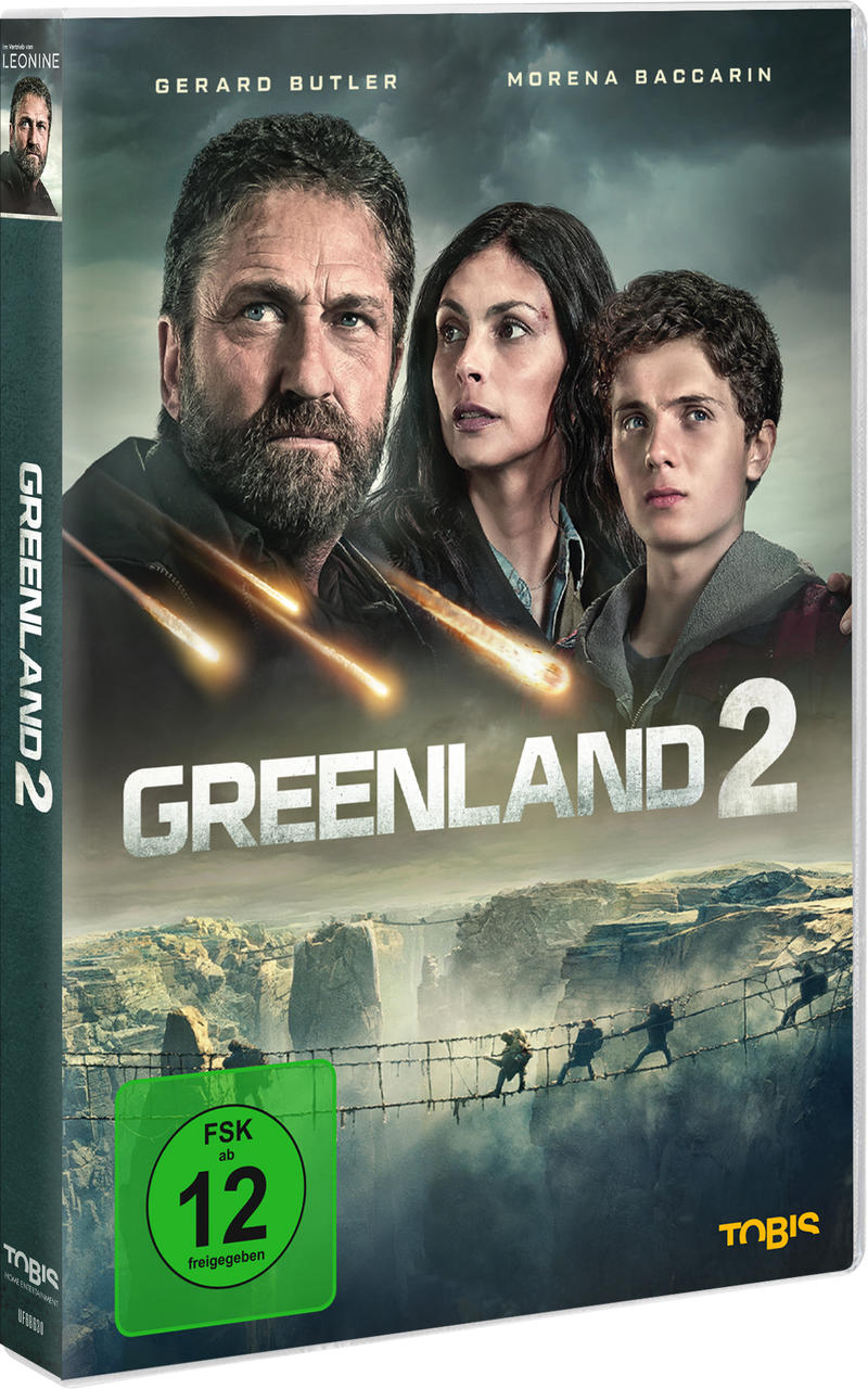 Gerard Butler und Morena Baccarin auf dem Cover von Greenland 2, mit Meteoren am Himmel.
