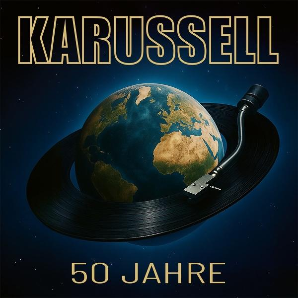 Erde auf Schallplatte mit Tonarm, Text: KARUSSELL 50 JAHRE.