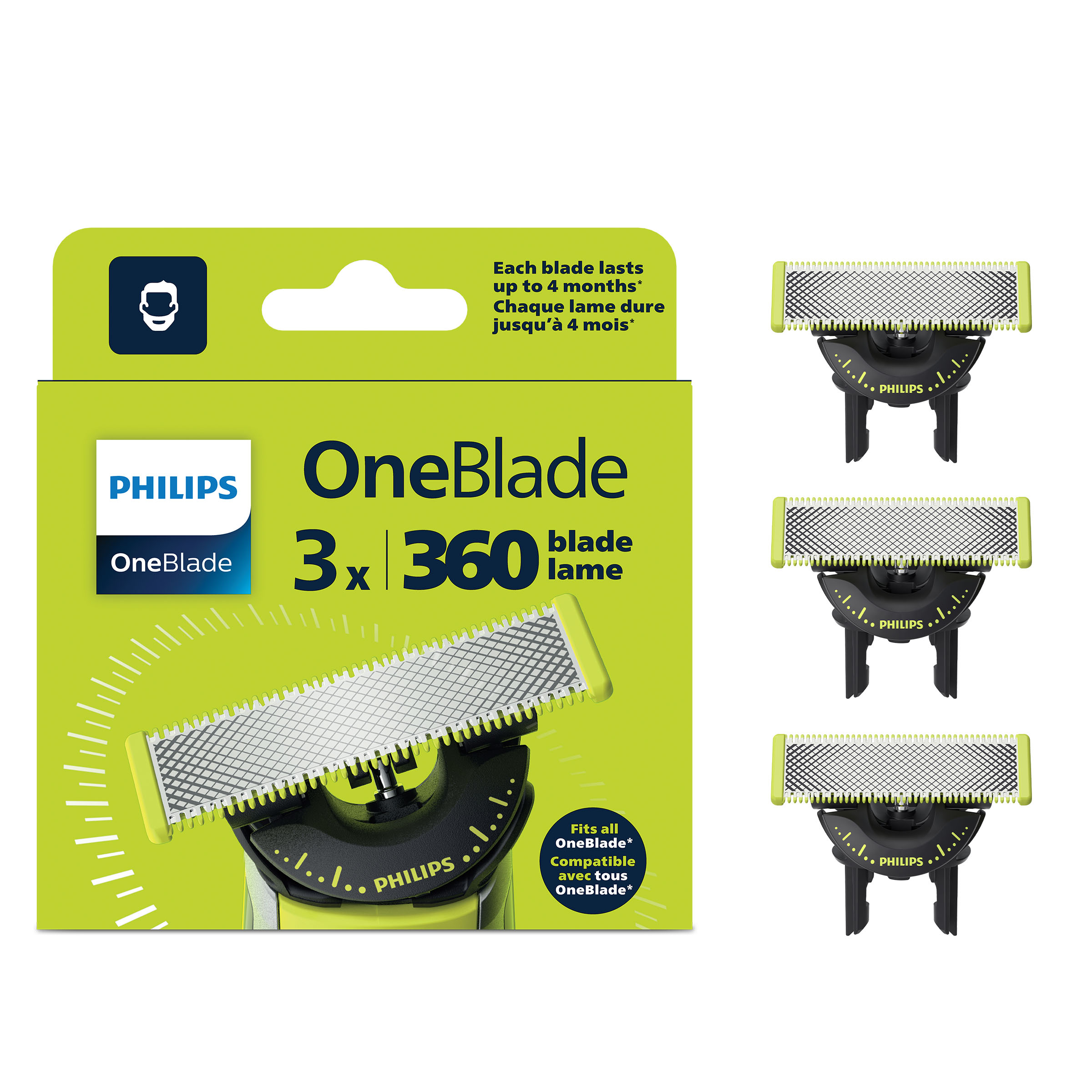 Opakowanie 3 ostrzy Philips OneBlade 360, żółto-czarne.