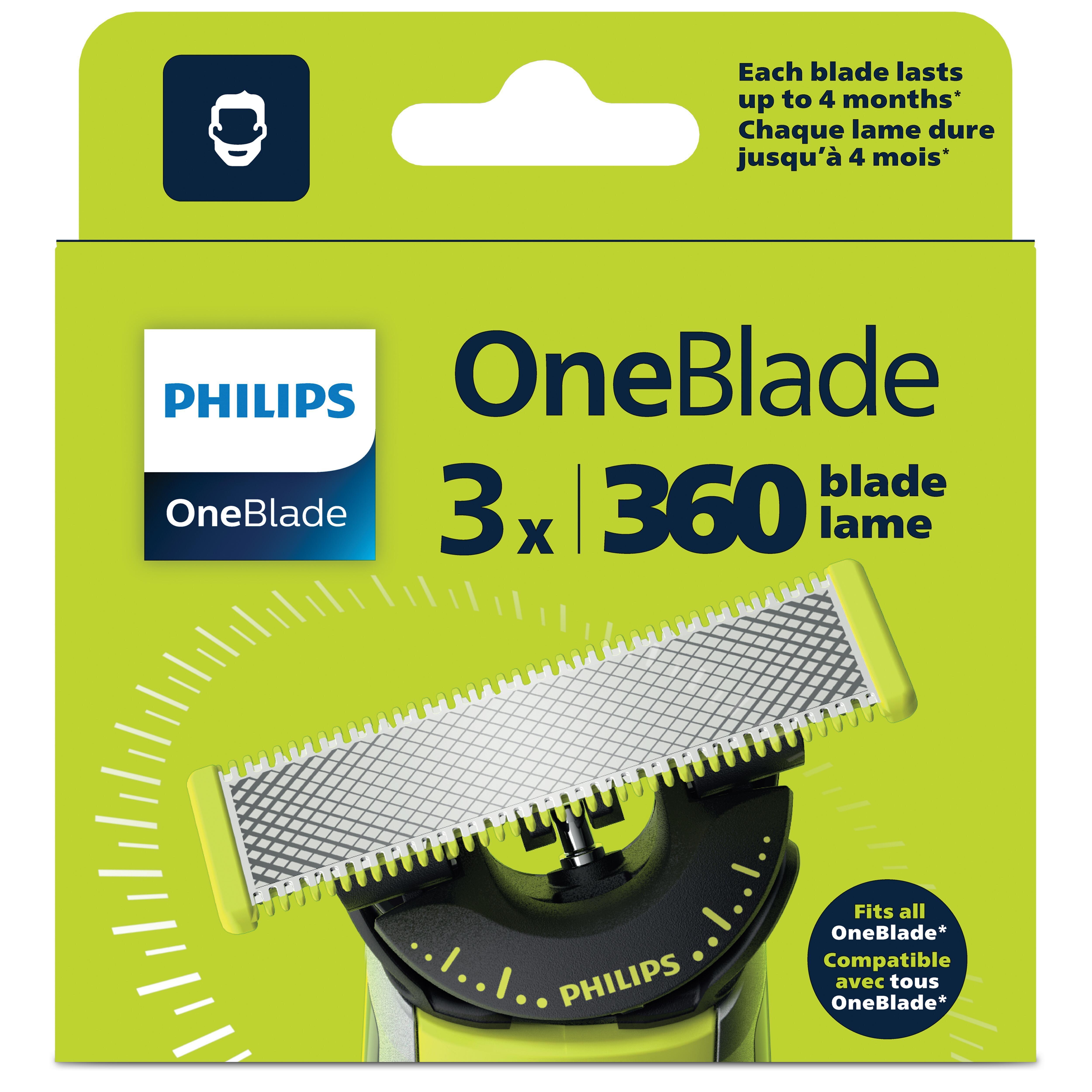 Opakowanie Philips OneBlade pokazuje 3x ostrza 360, kompatybilne z OneBlade.