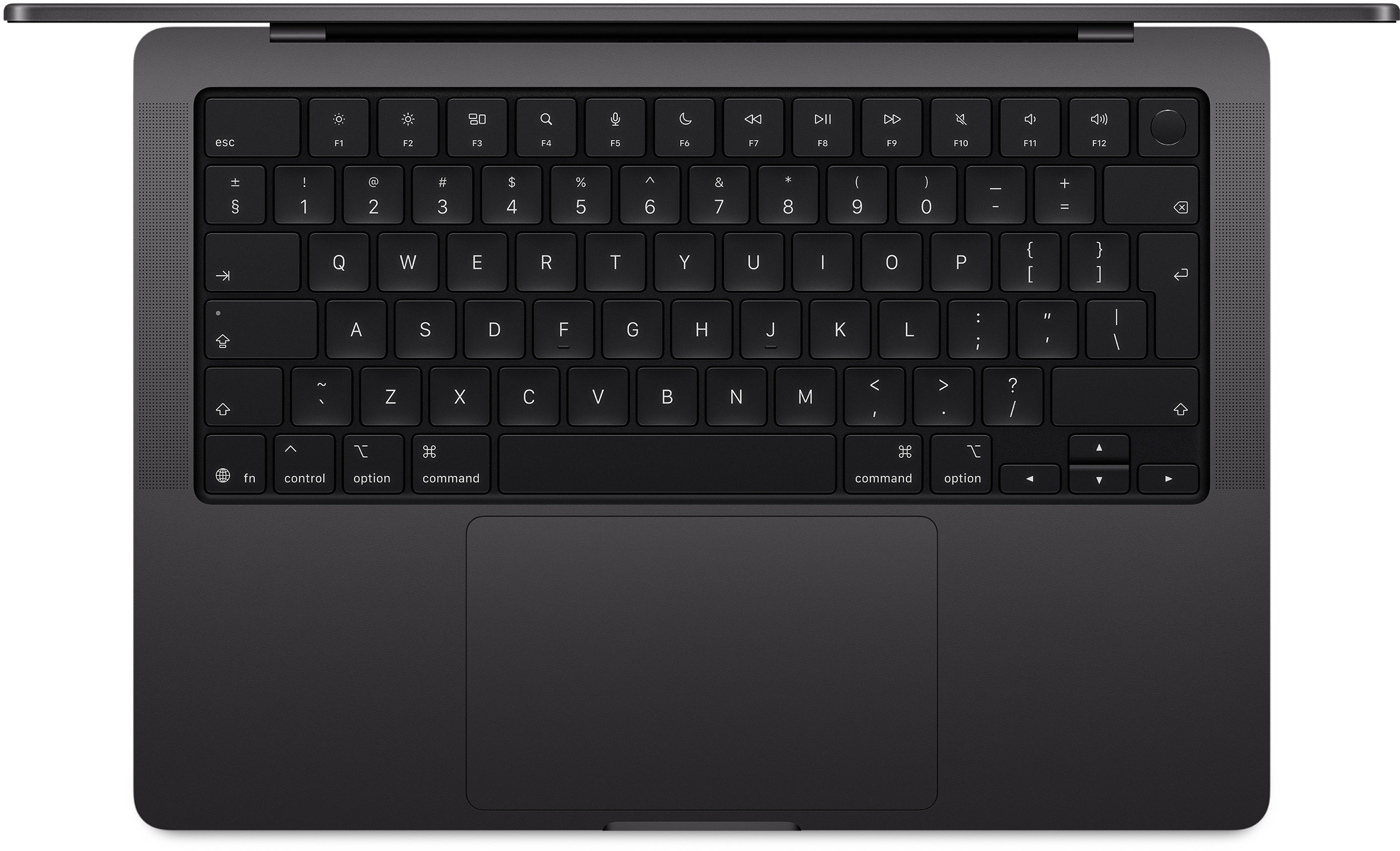 Sötét laptop fekete billentyűzettel és nagy érintőpaddal.