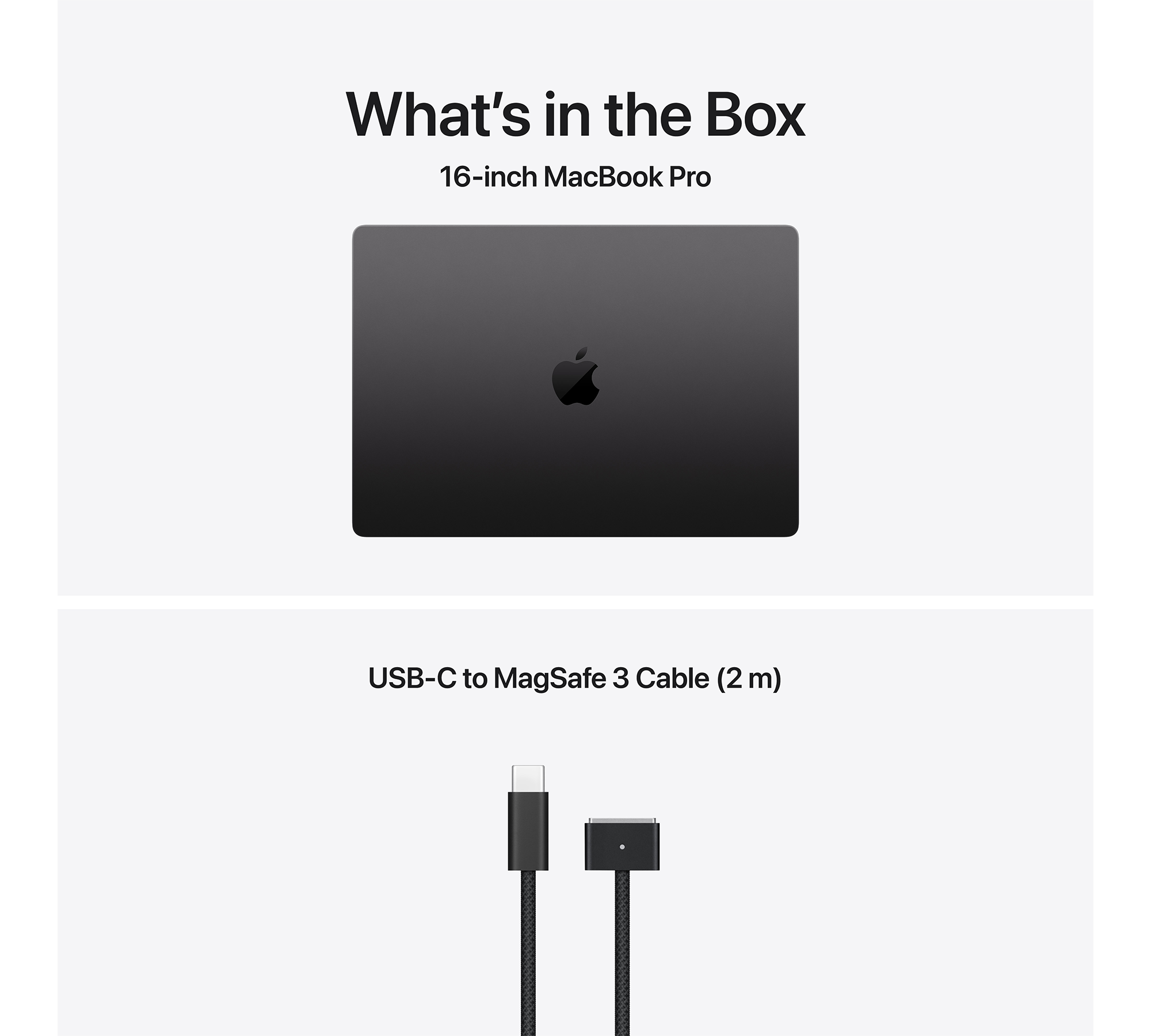 Egy sötét 16 hüvelykes MacBook Pro és egy USB-C-MagSafe 3 kábel.