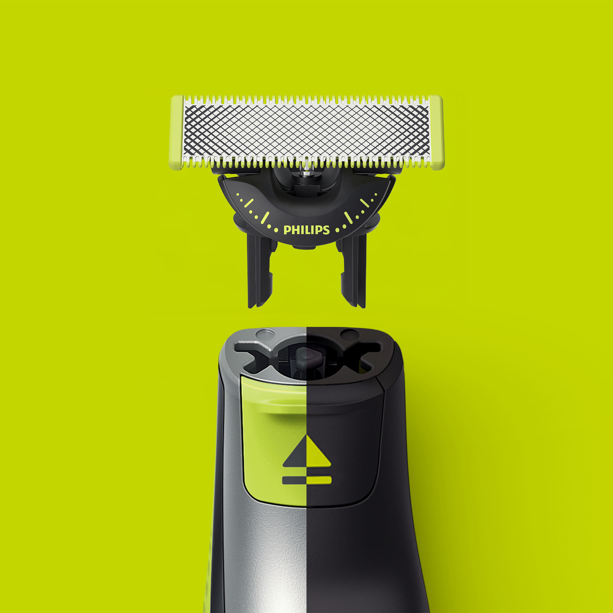 Głowica trymera Philips z żółtą ramką i czarną siatką na tle jasnozielonym.