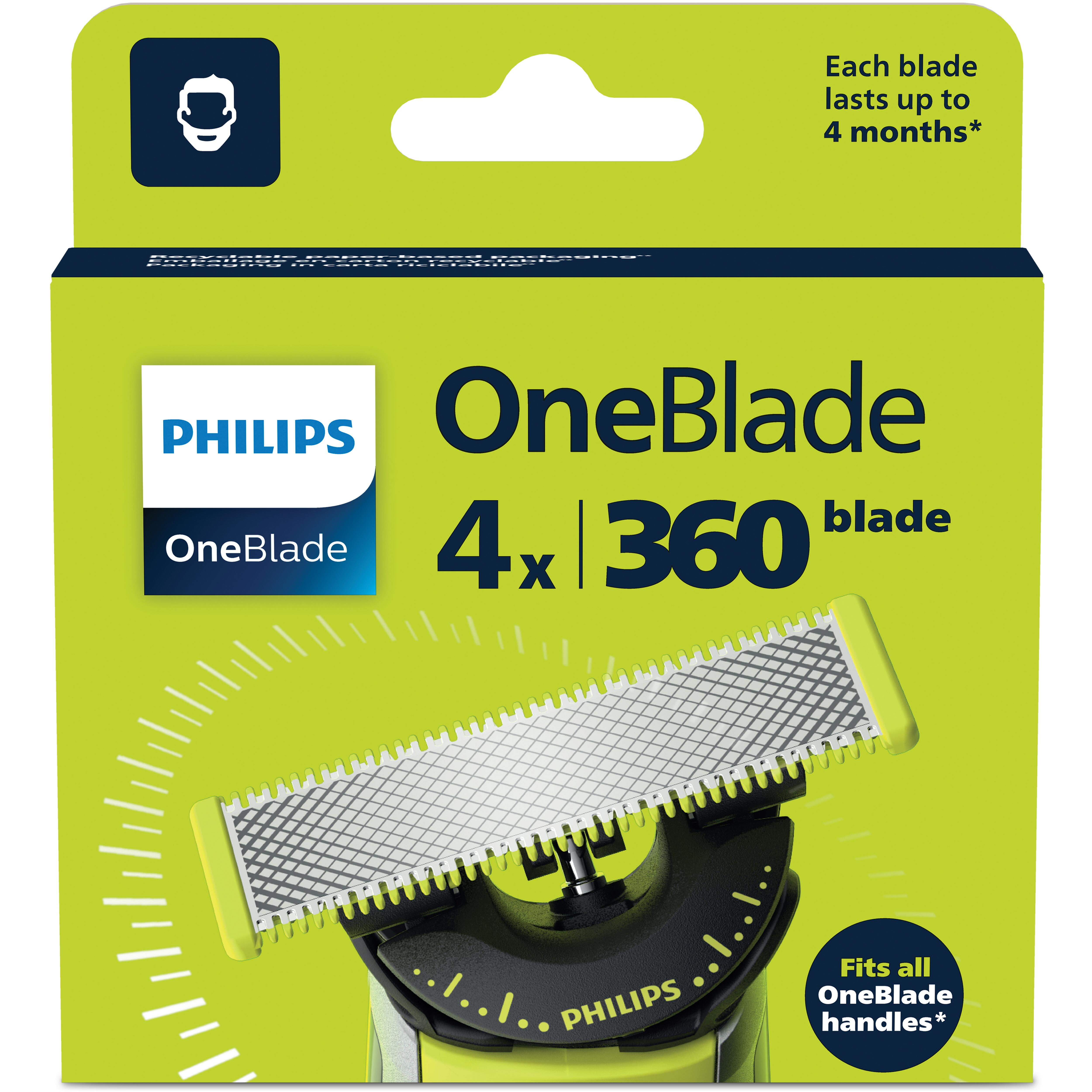 Opakowanie 4 ostrzy Philips OneBlade 360. Pasuje do wszystkich uchwytów.