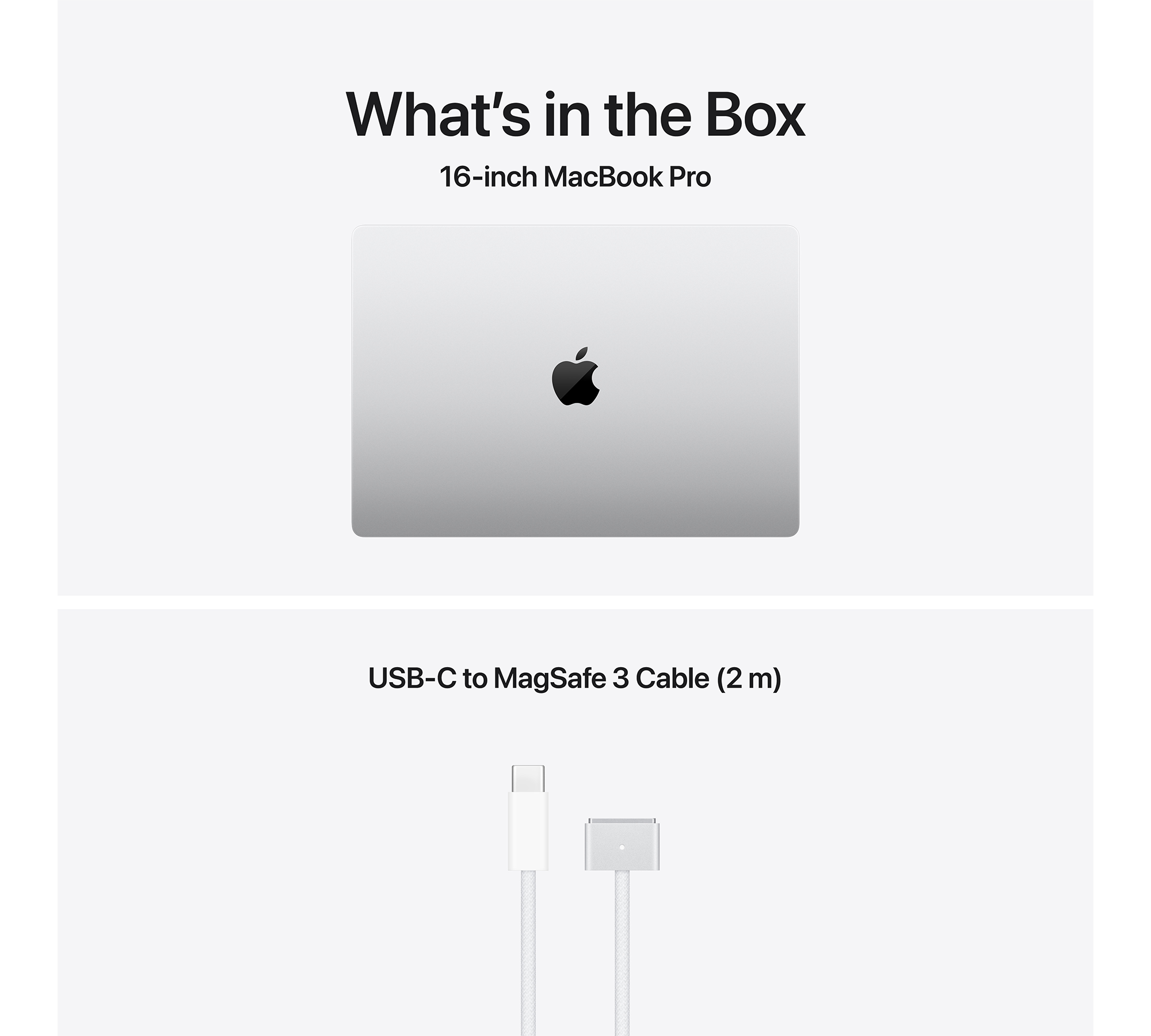 Ezüst 16 hüvelykes MacBook Pro és fehér USB-C-MagSafe 3 kábel.