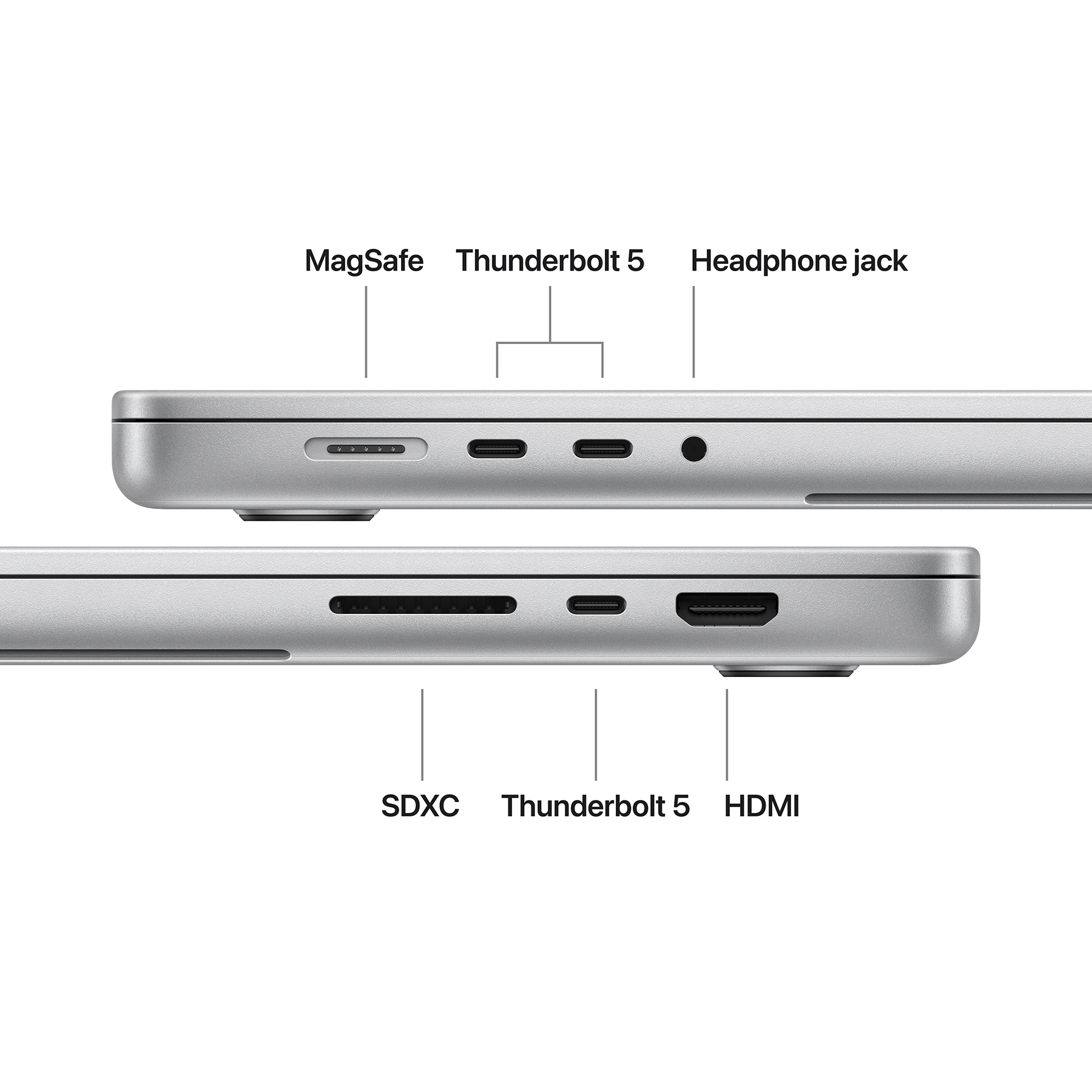 Laptop oldalsó nézete MagSafe, 2x Thunderbolt 5, fejhallgató-csatlakozó, SDXC és HDMI portokkal.