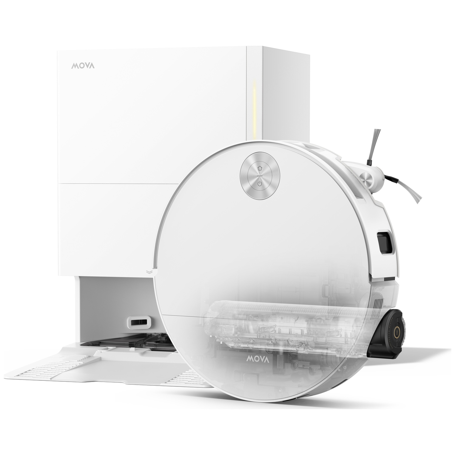 Een witte robotstofzuiger met een transparant zicht op het interieur staat voor een oplaadstation.