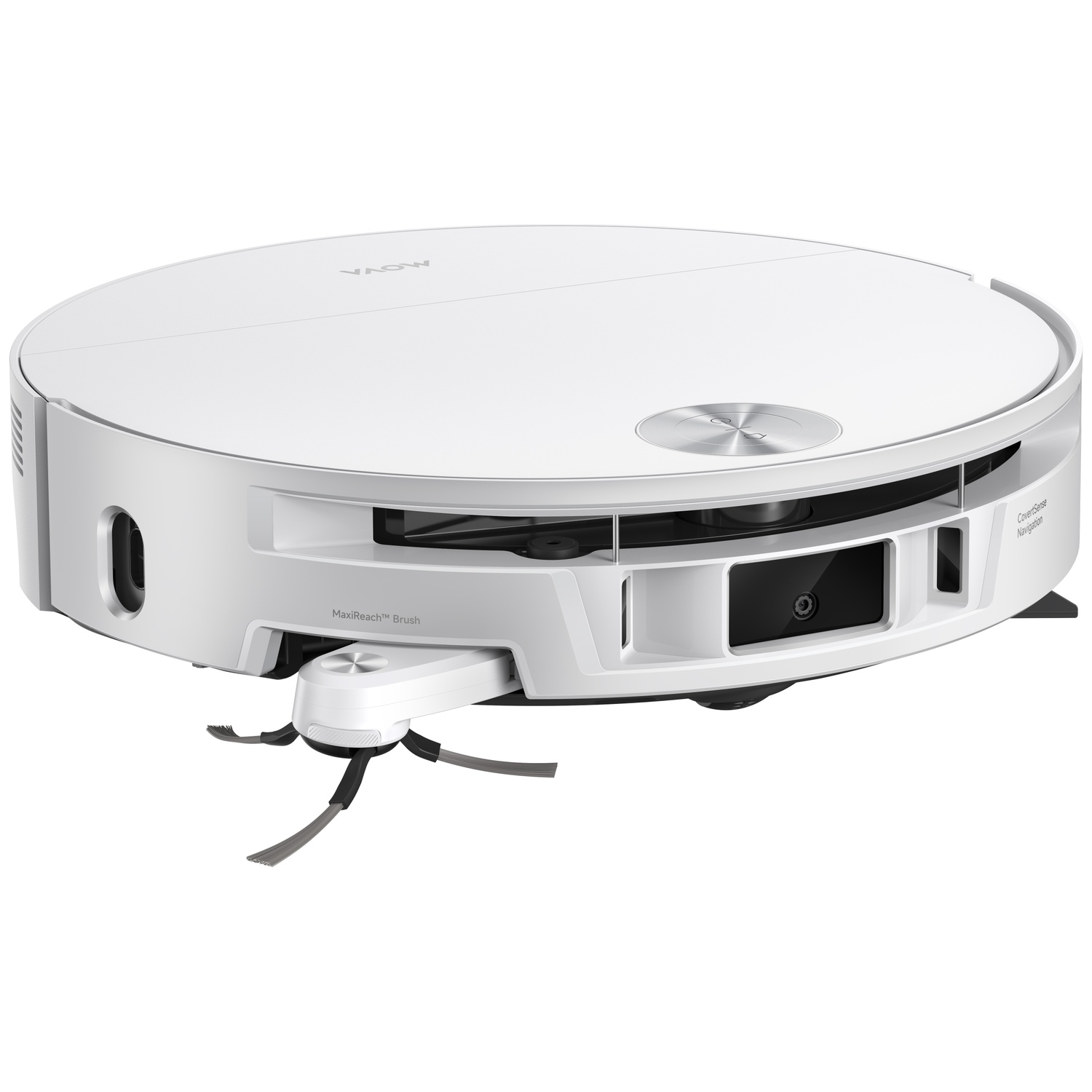 Een witte robotstofzuiger met MaxiReach borstel en navigatiecamera.