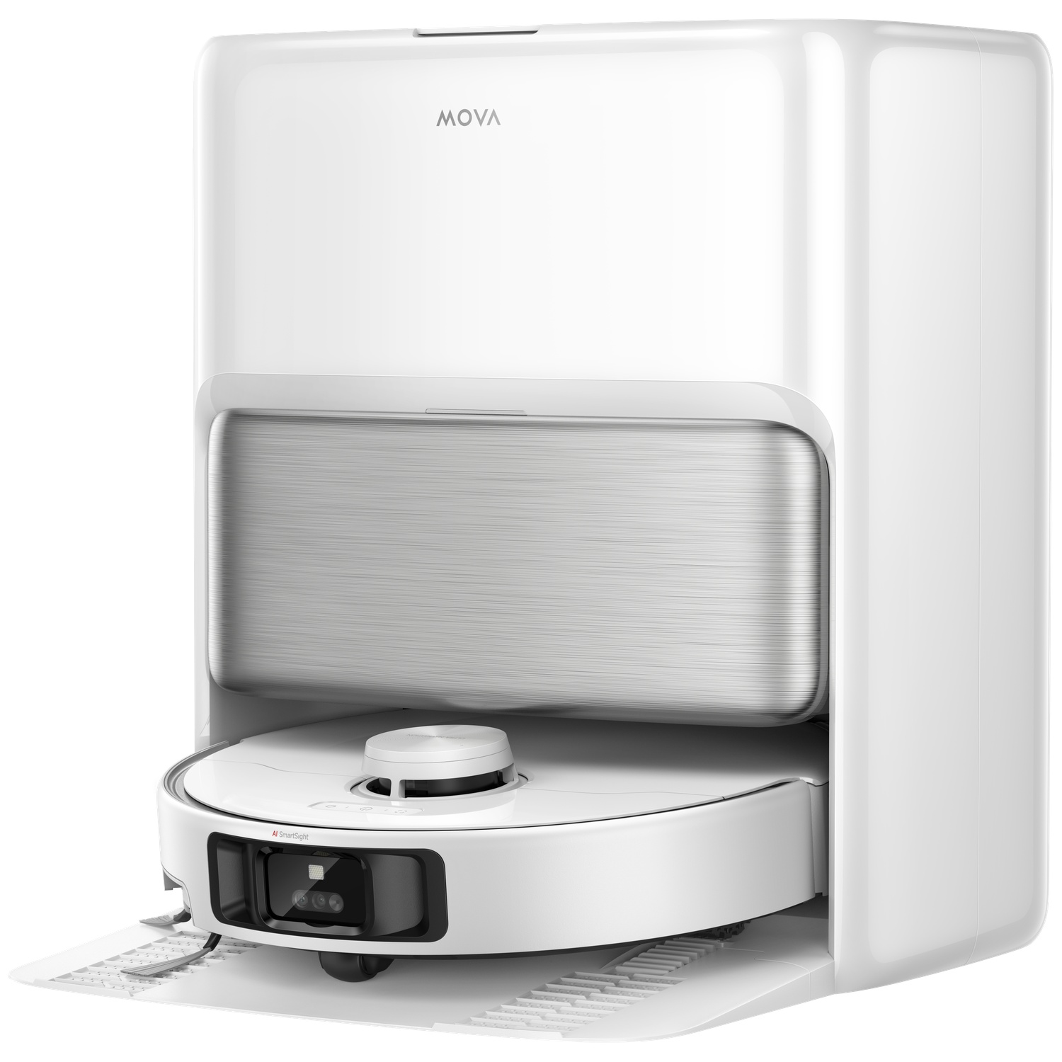 Een witte robotstofzuiger met laadstation. Hij heeft een camera en sensoren.