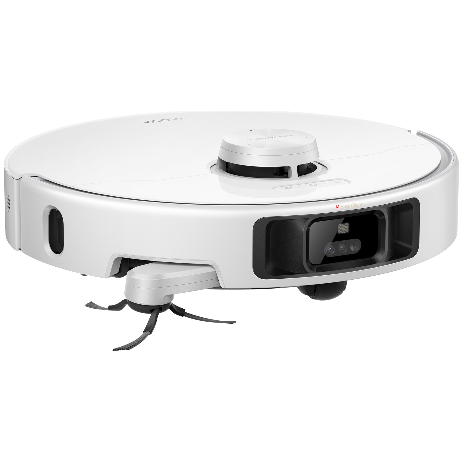 Een witte robotstofzuiger met drie borstels en een camera aan de voorkant.