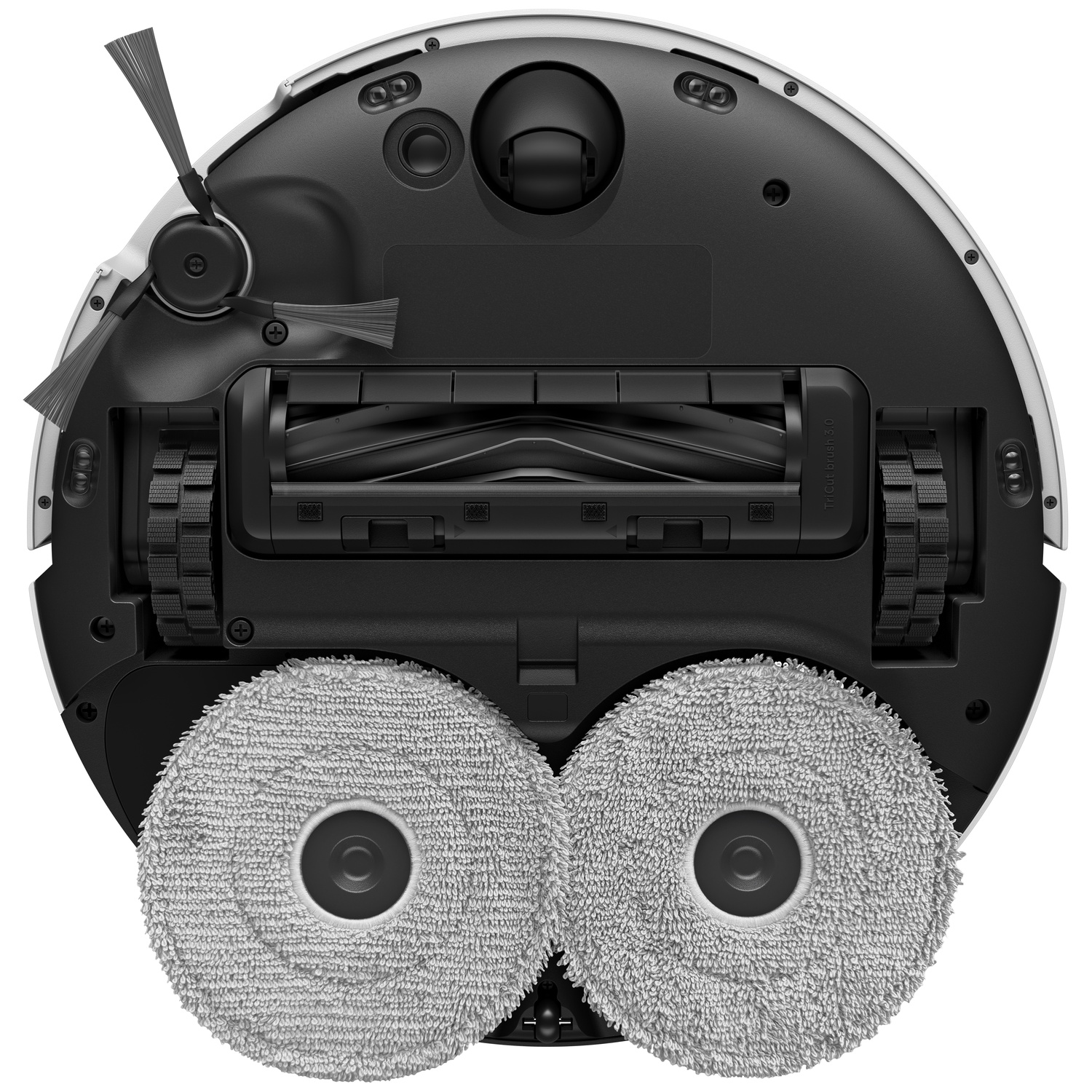 Onderkant van een witte robotstofzuiger met twee roterende dweilpads en borstels.