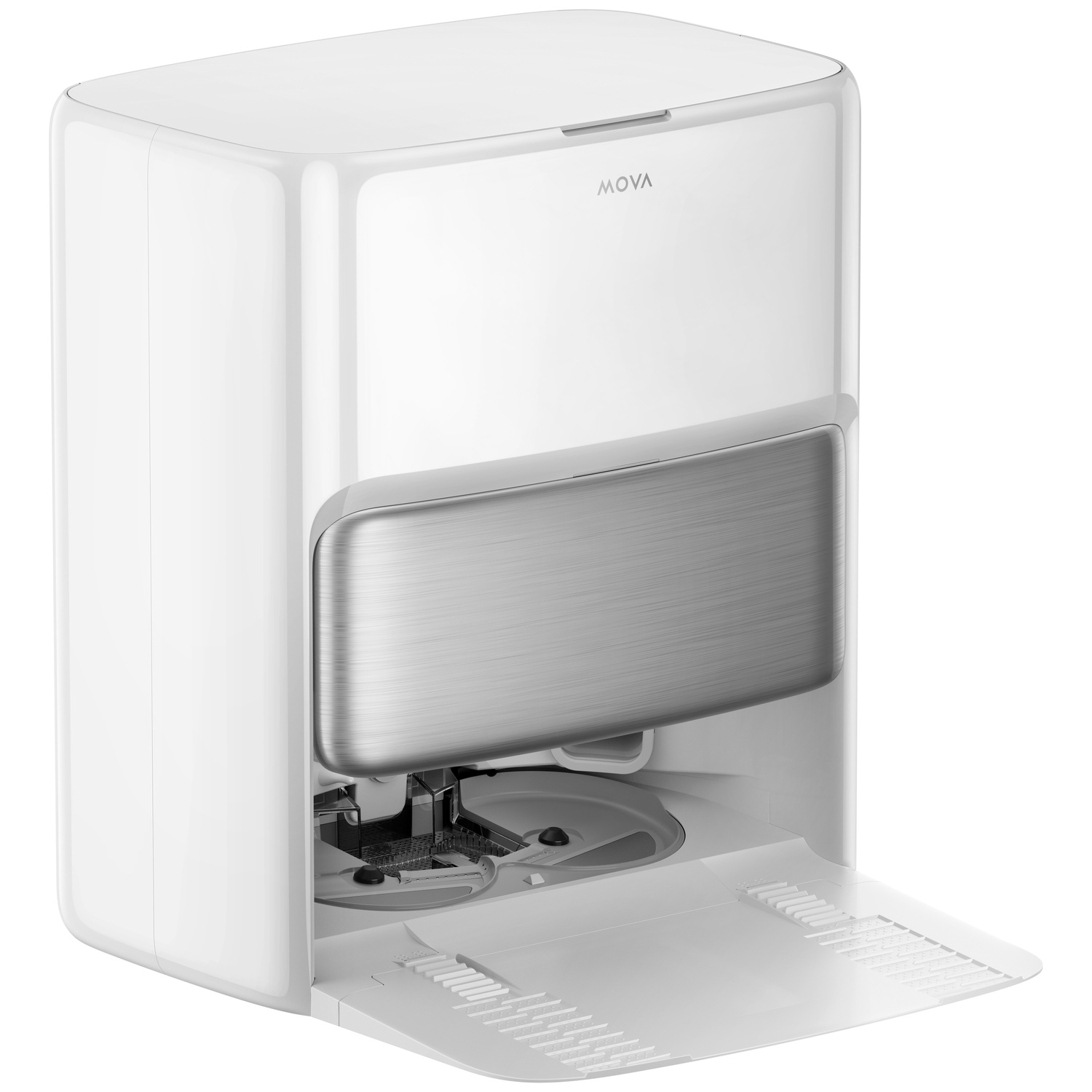 Een witte robotstofzuiger met zilveren accenten, aan de voorzijde open.