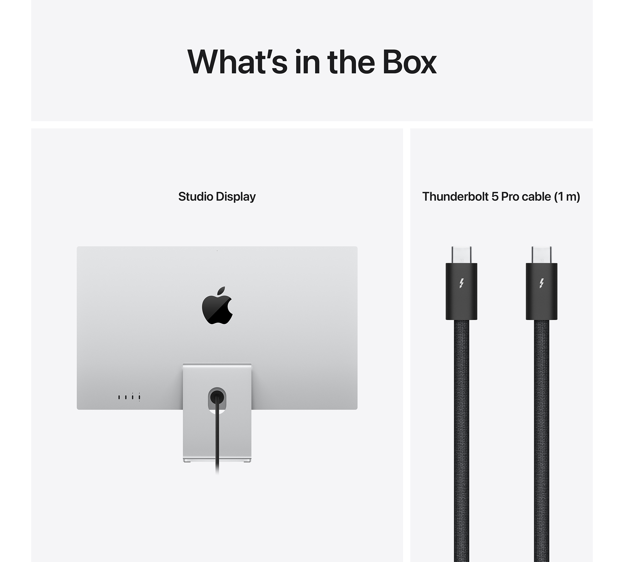 Egy Studio Display hátoldala és két Thunderbolt 5 Pro kábel.