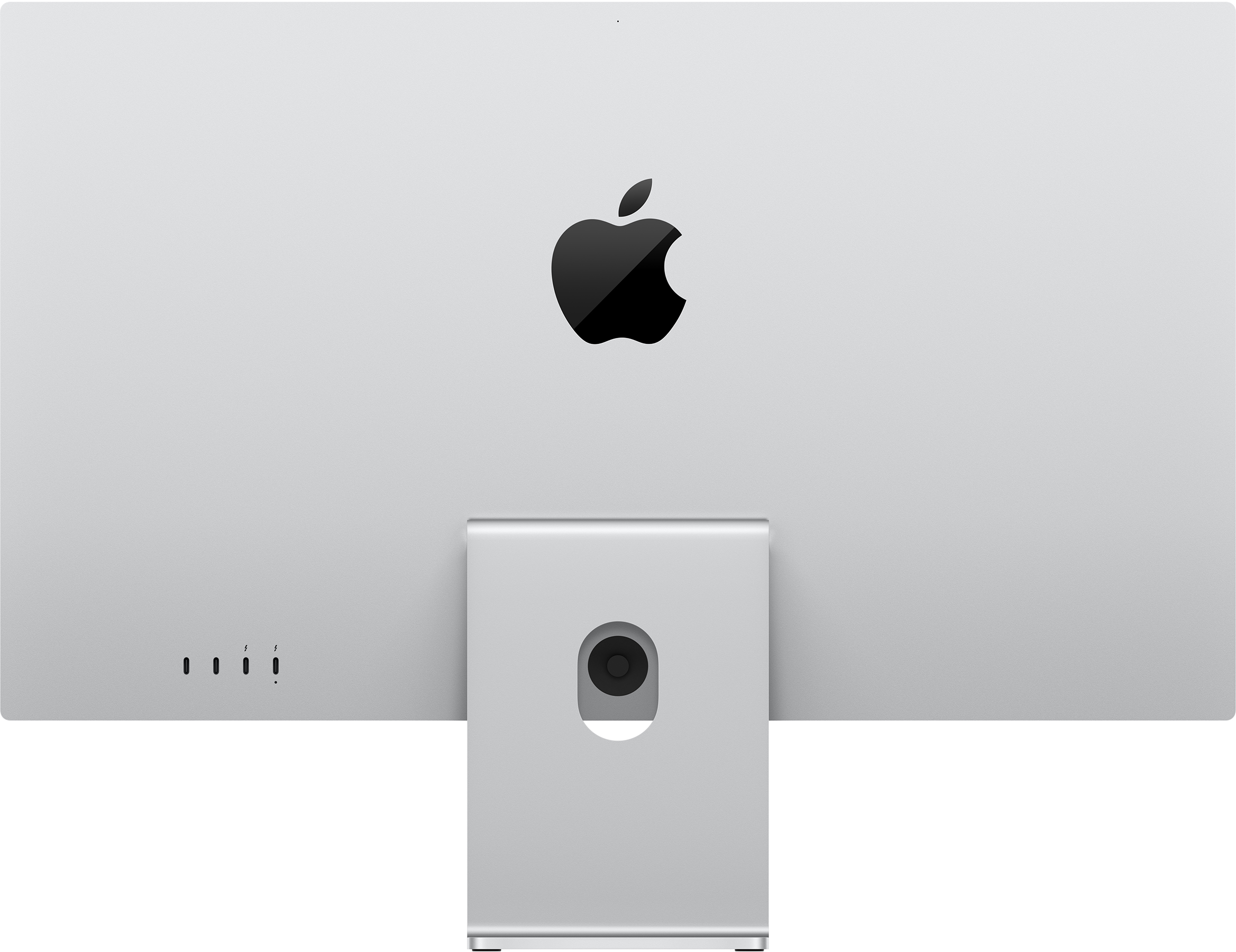 Ezüst iMac hátulja Apple logóval és portokkal.