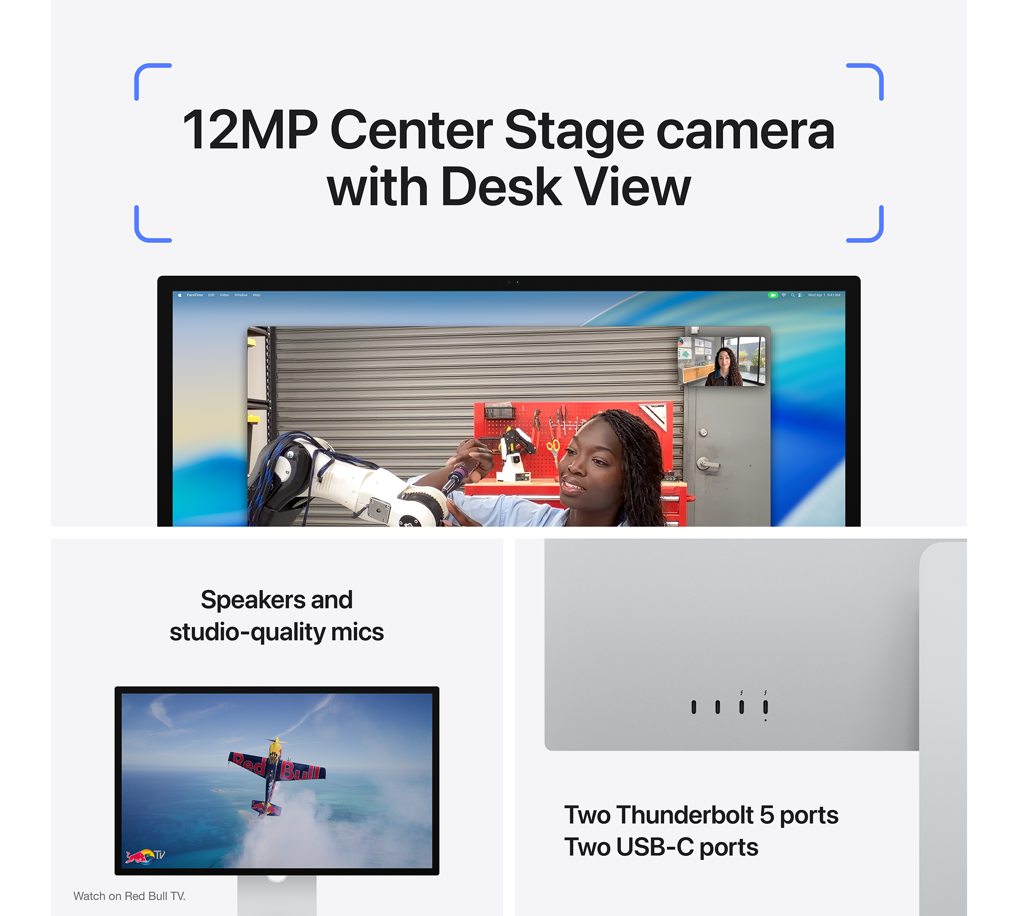 Egy iMac 12MP Center Stage kamerával és Asztali nézettel.