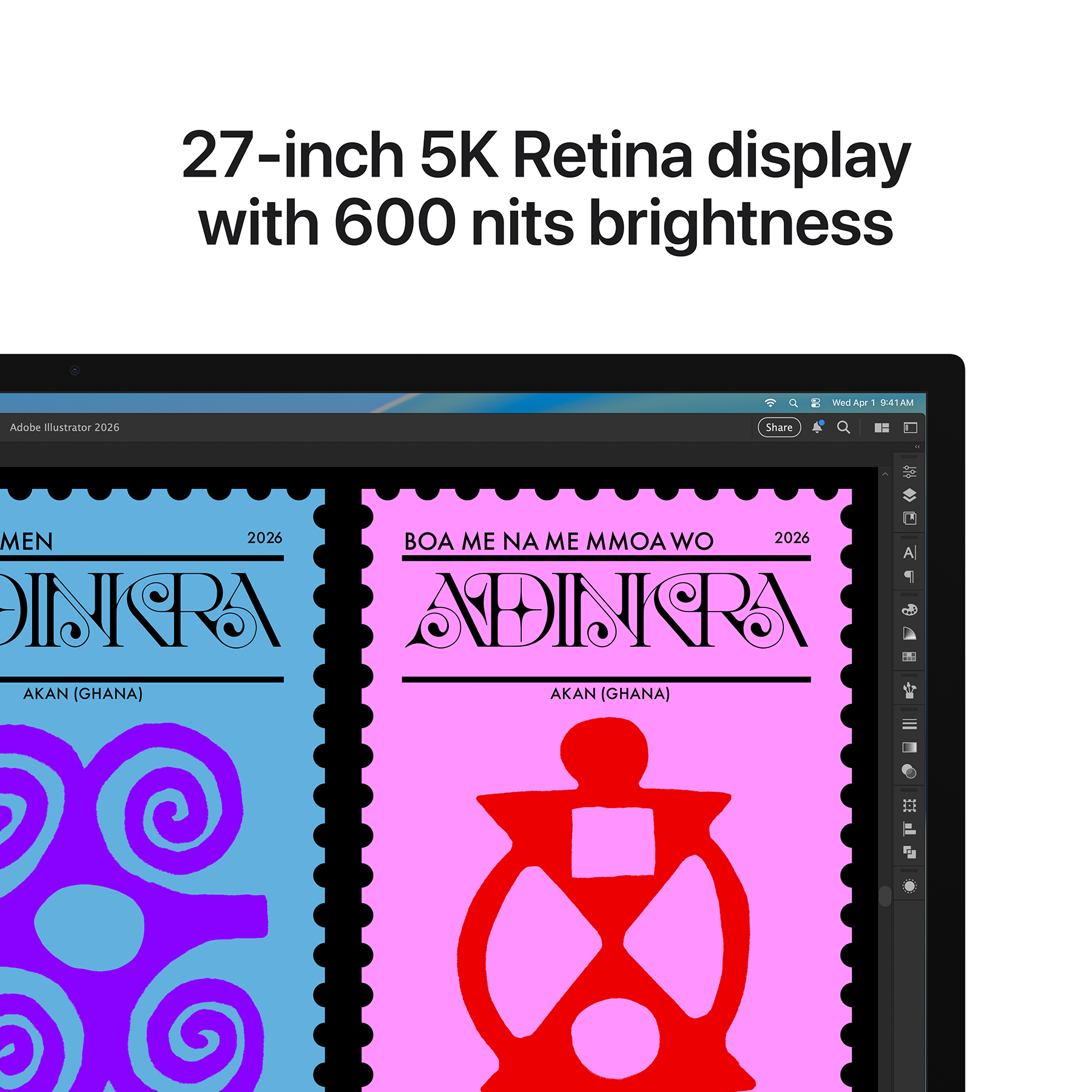 Egy laptop két Adinkra szimbólumokat tartalmazó bélyegtervet jelenít meg.