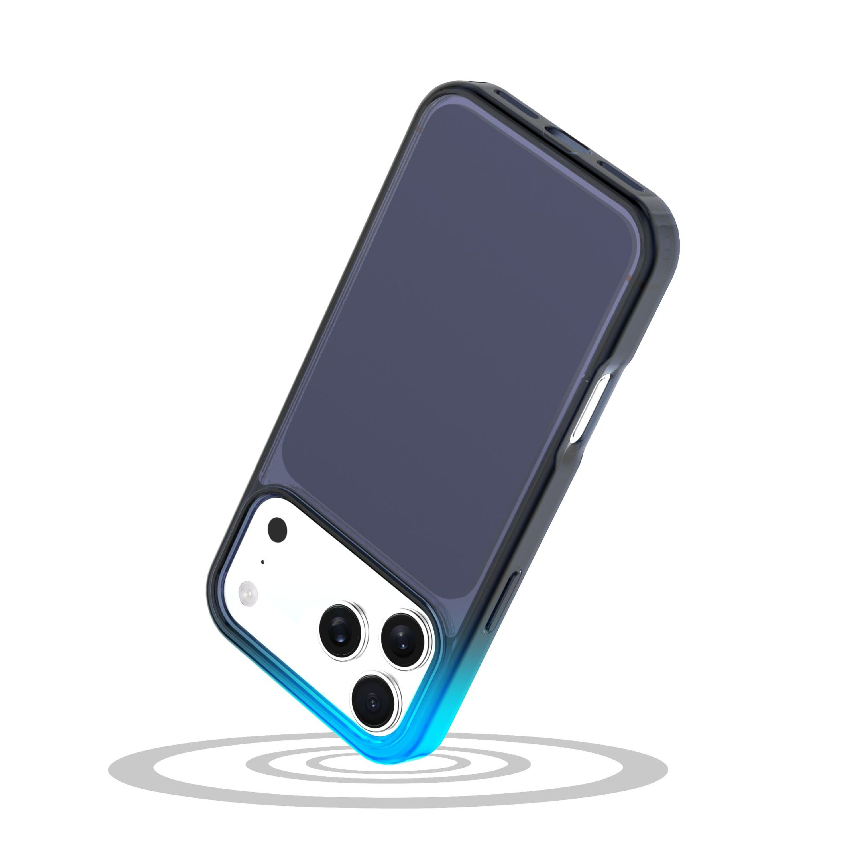 Mavi kılıflı, üç kameralı koyu renkli bir akıllı telefon havada duruyor.