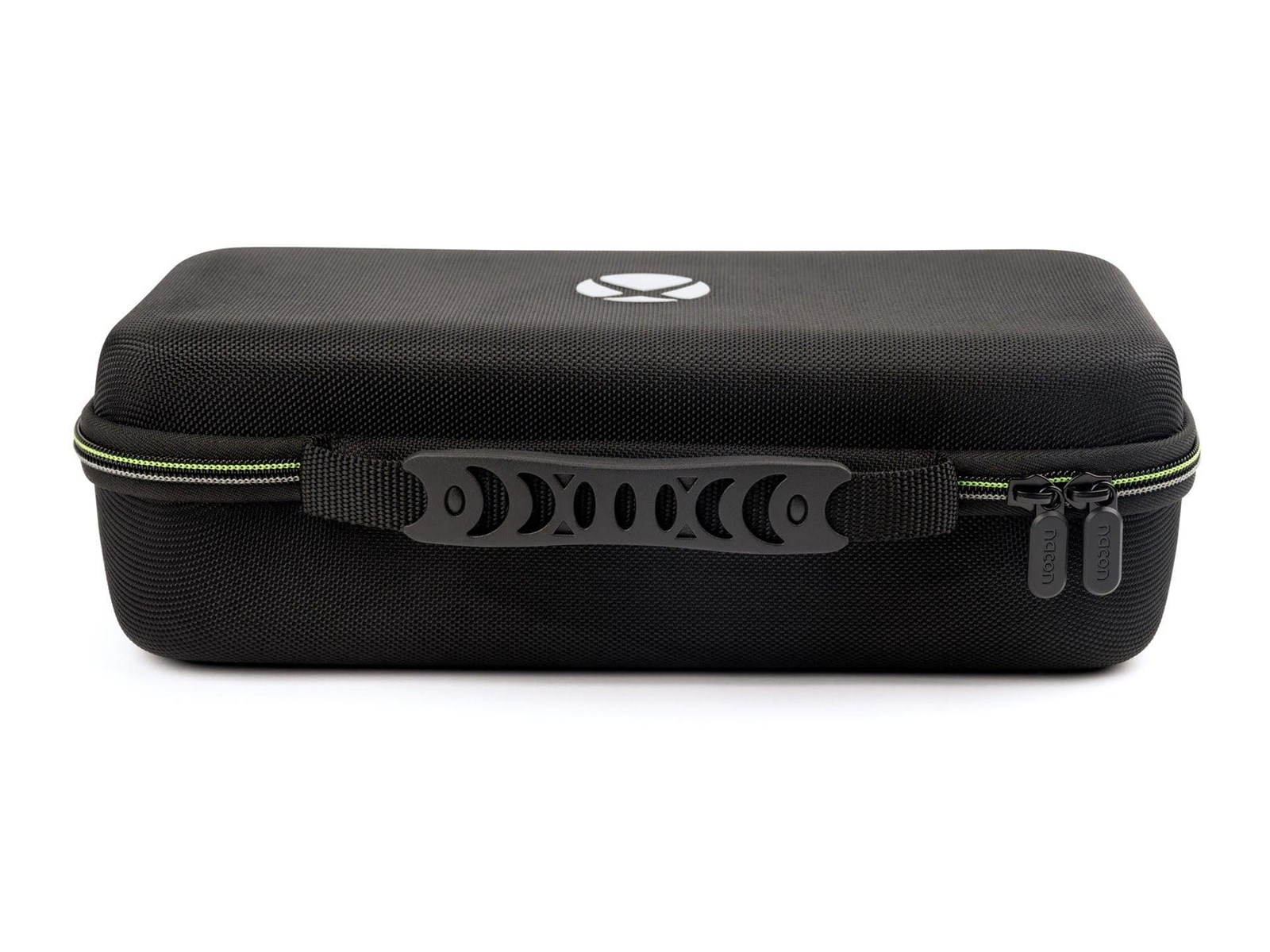 Czarna torba transportowa z uchwytem i zamkami, białe logo na górze.