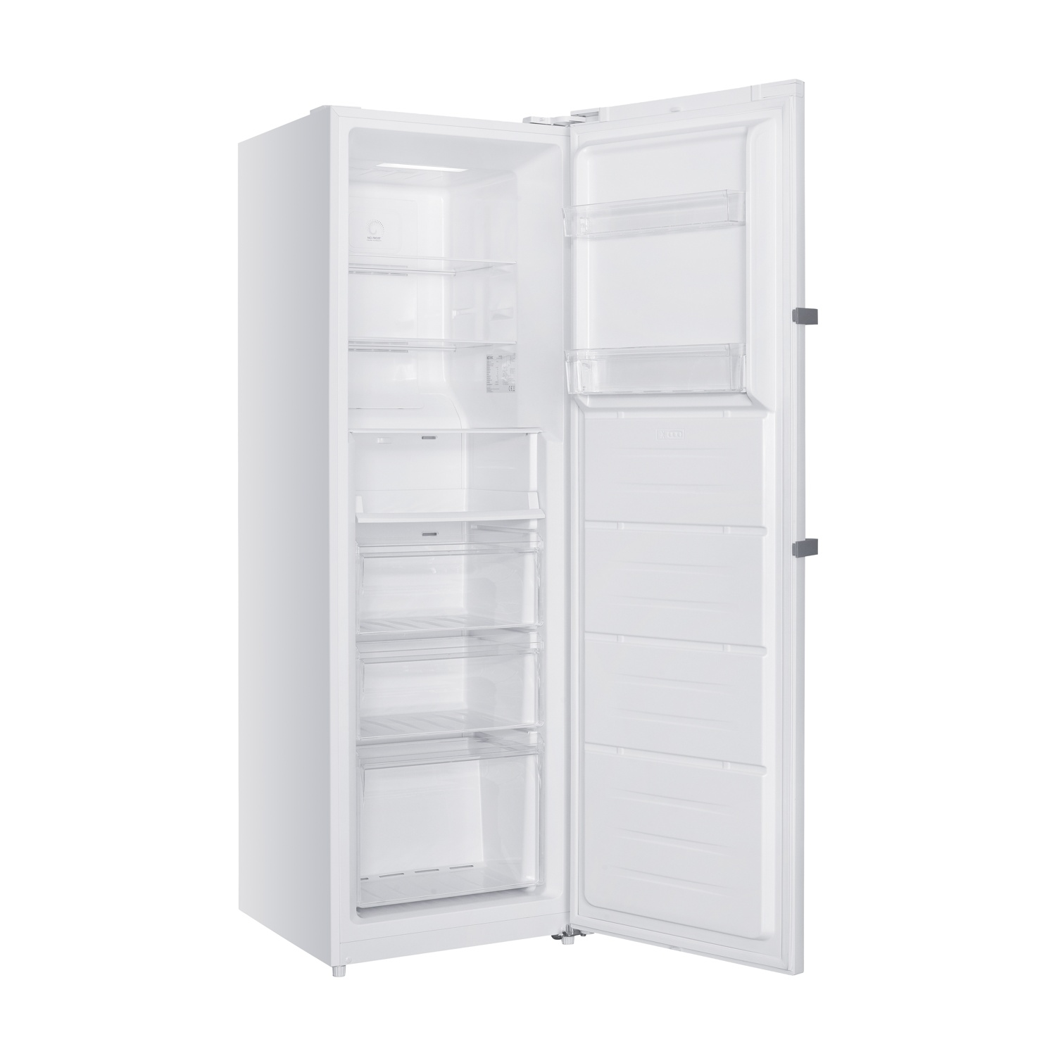 Un frigorifero bianco con porta aperta, vuoto e pulito.