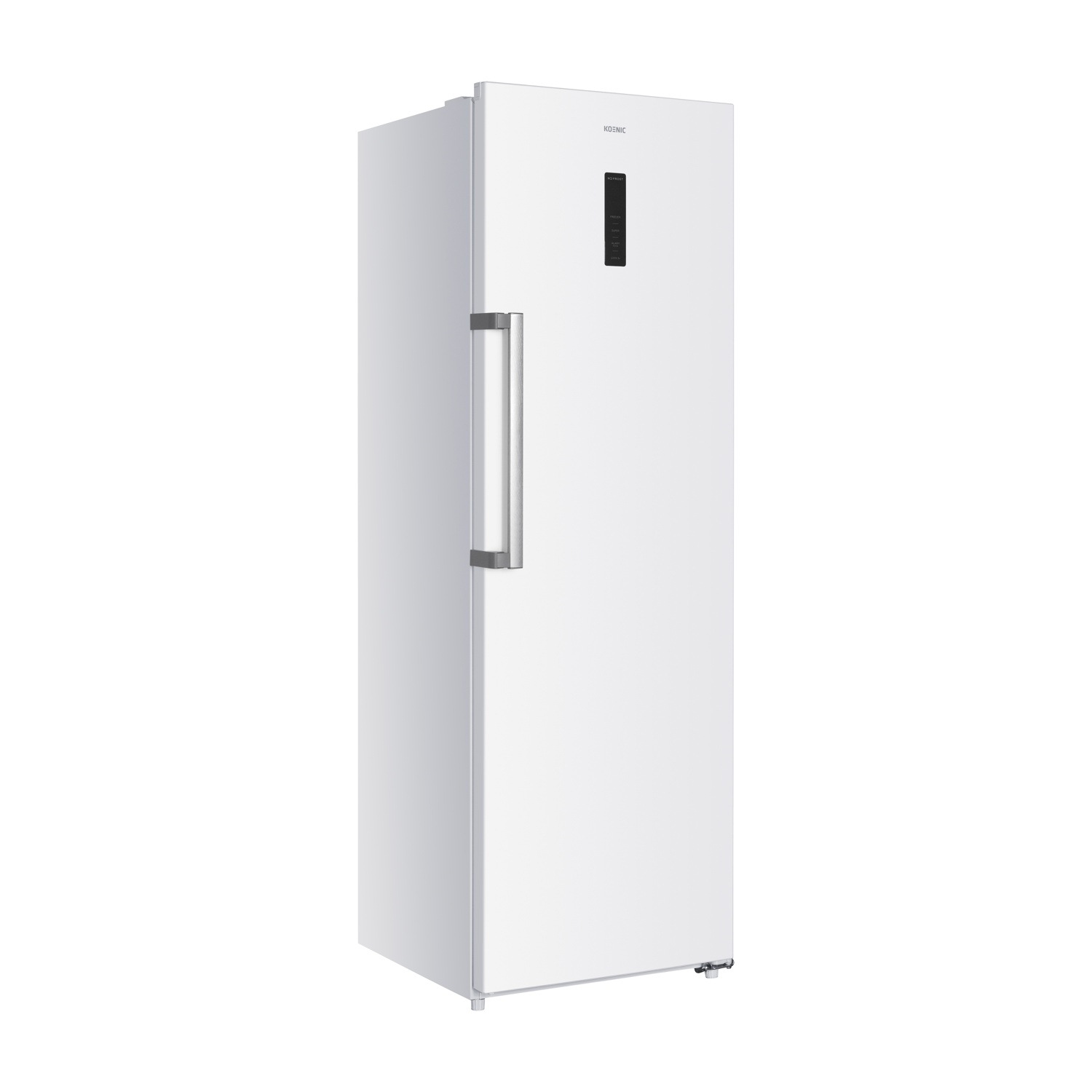 Un congelatore bianco ed elegante con manico argentato e display digitale.