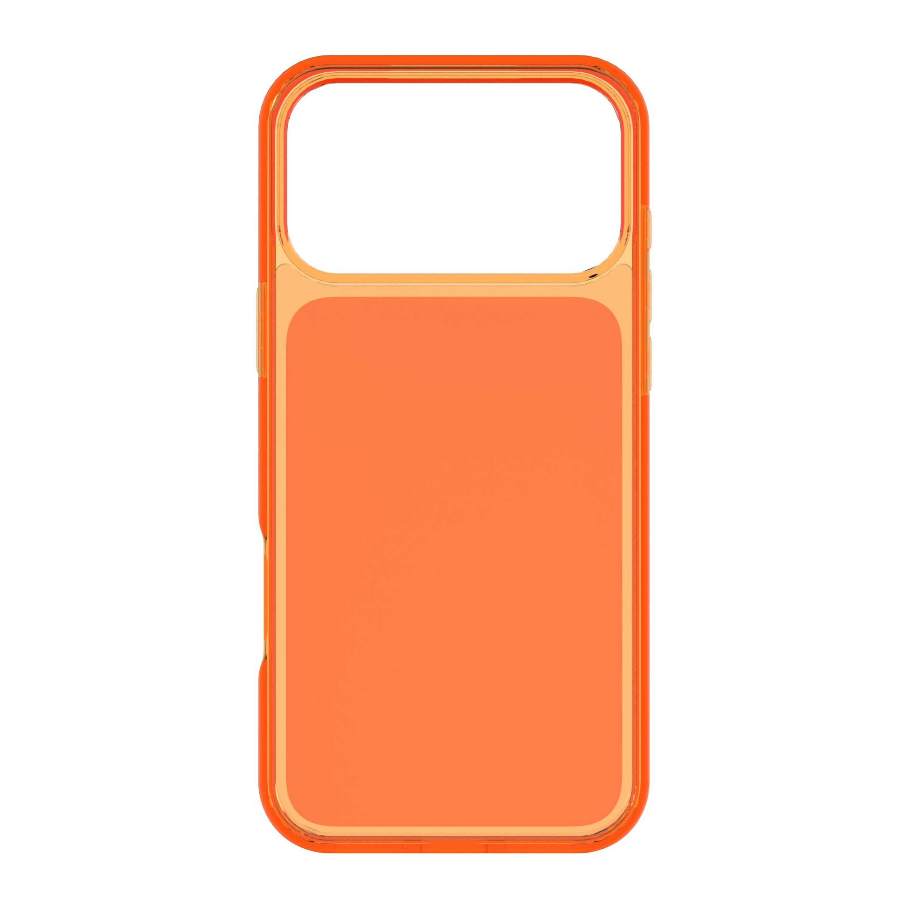 Eine durchsichtige, orangefarbene Handyhülle mit einem rechteckigen Ausschnitt oben.