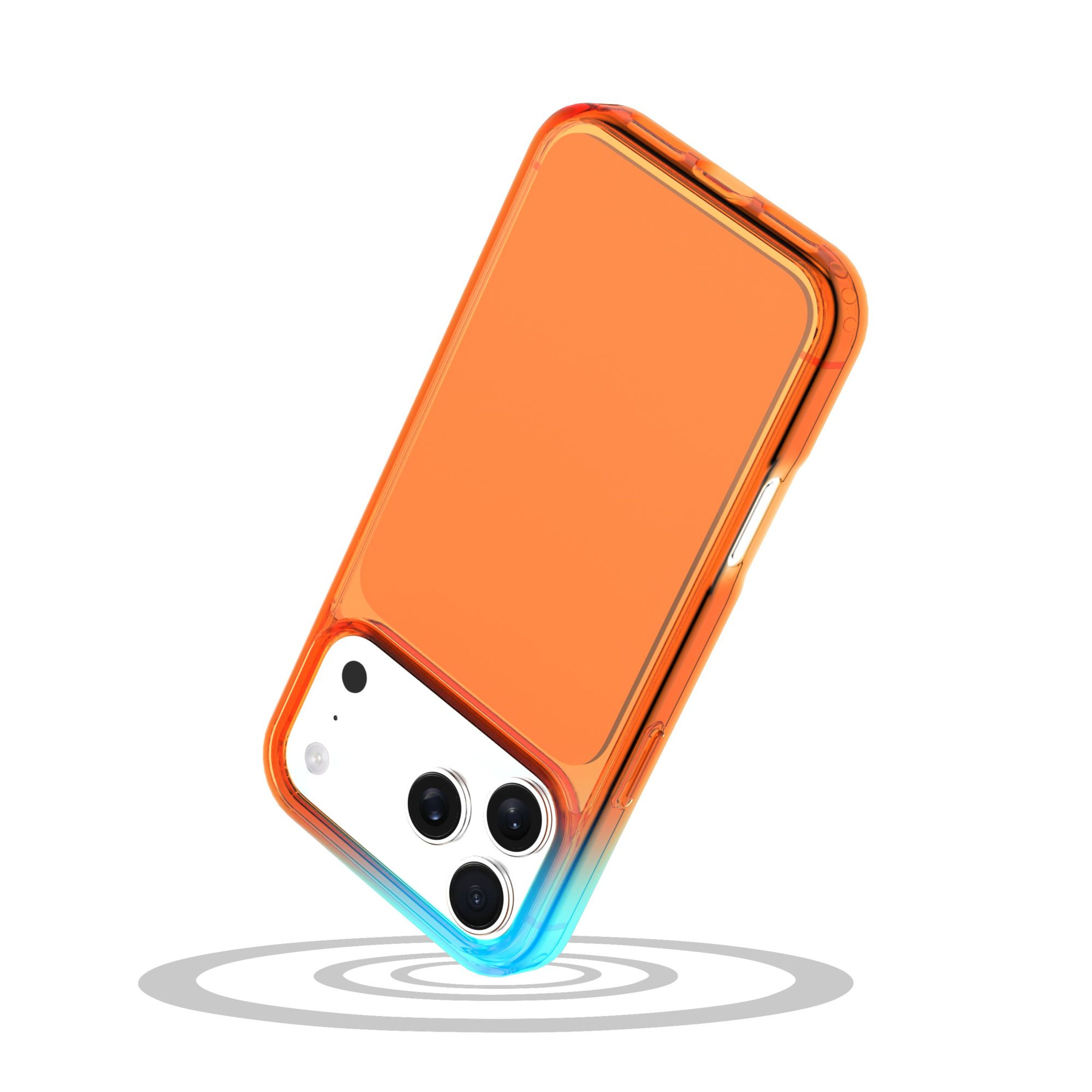 Üç kameralı turuncu bir telefon beyaz zeminde süzülüyor.