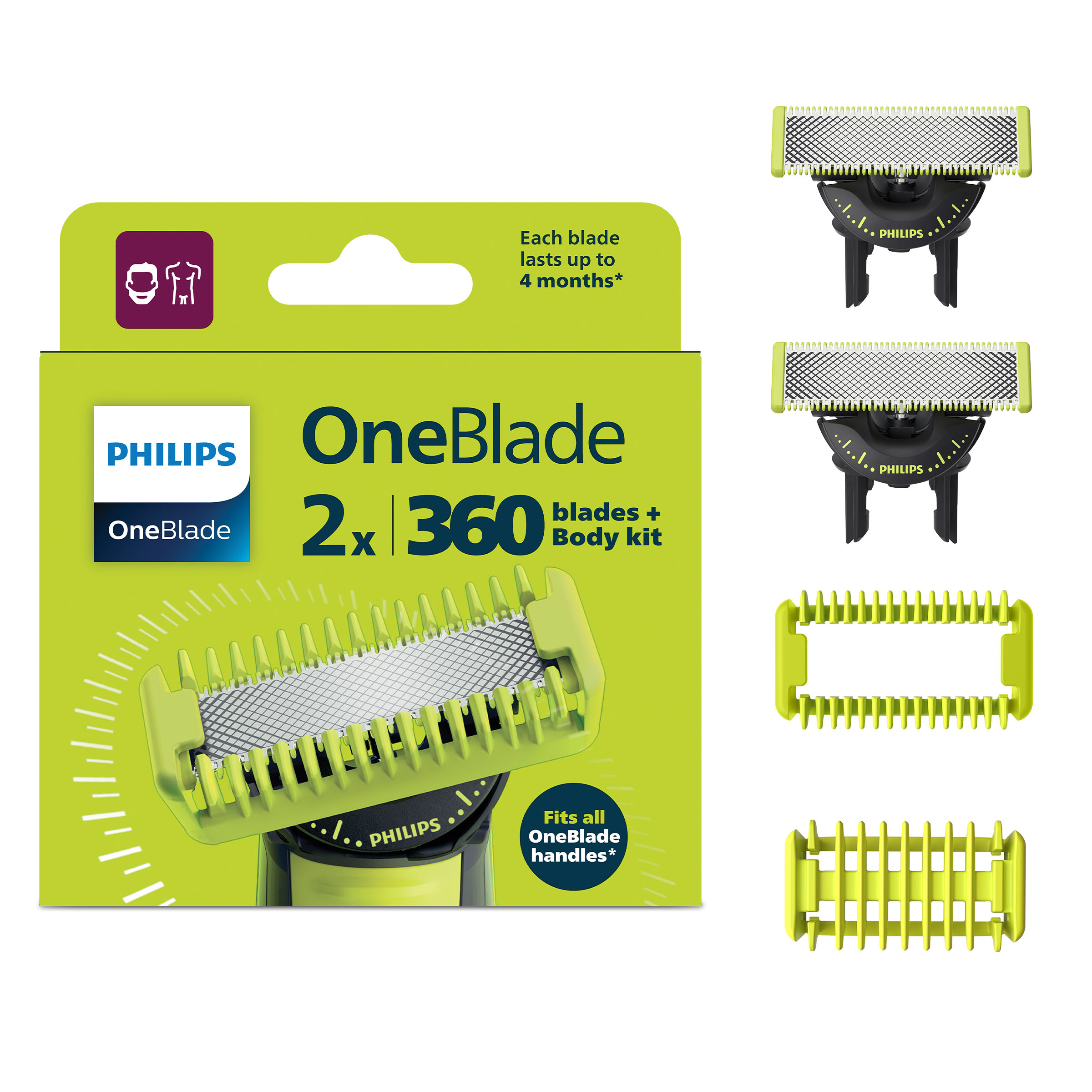 Opakowanie Philips OneBlade 2x ostrza 360 + Body kit z zapasowymi ostrzami.