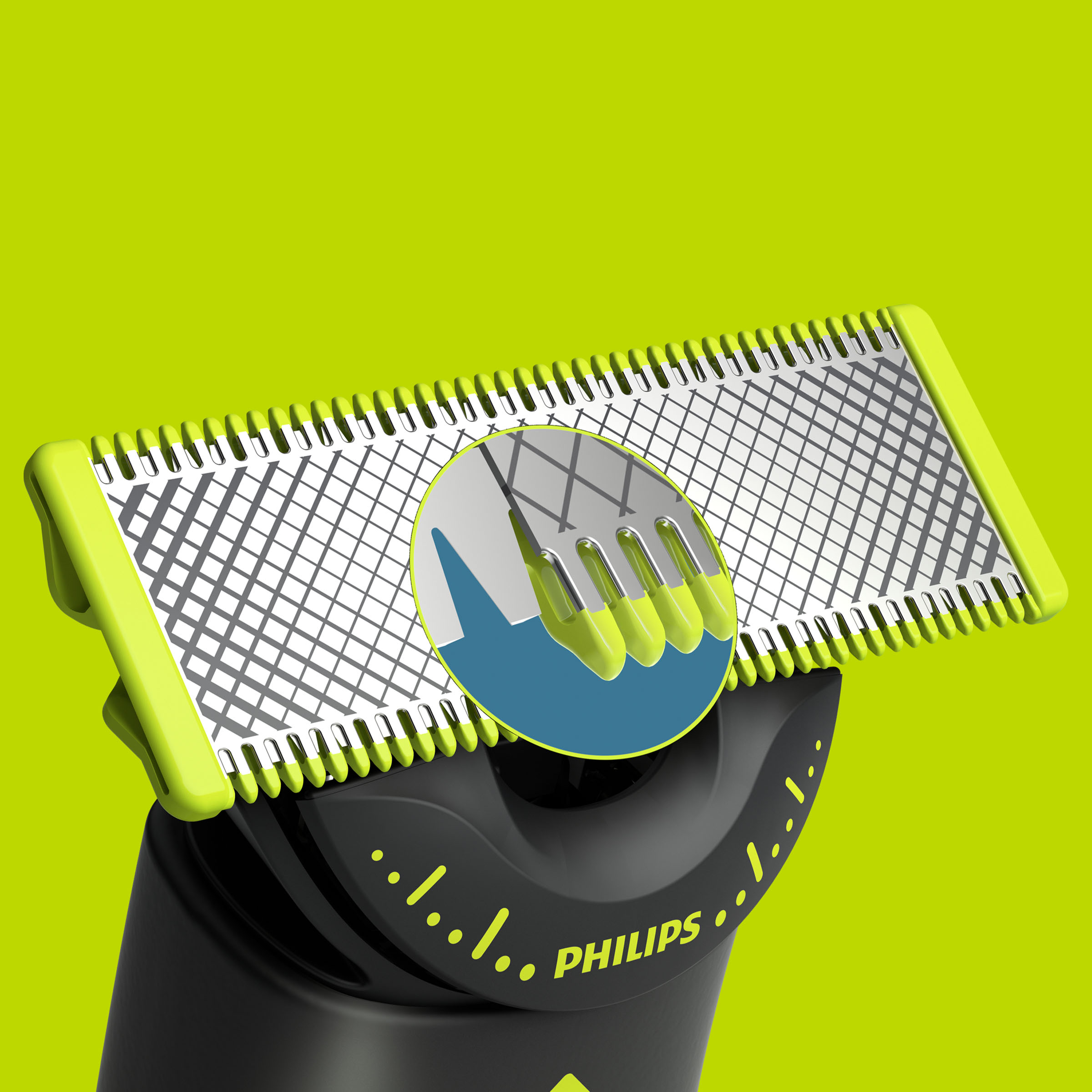 Trymer Philips zbliżenie ostrza z osłoną. Jasne odcienie zieleni i srebra.