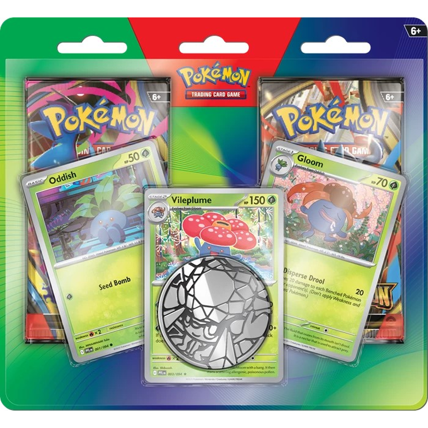 Pokemon card game set featuring Oddish, Vileplume, and Gloom cards and a coin.