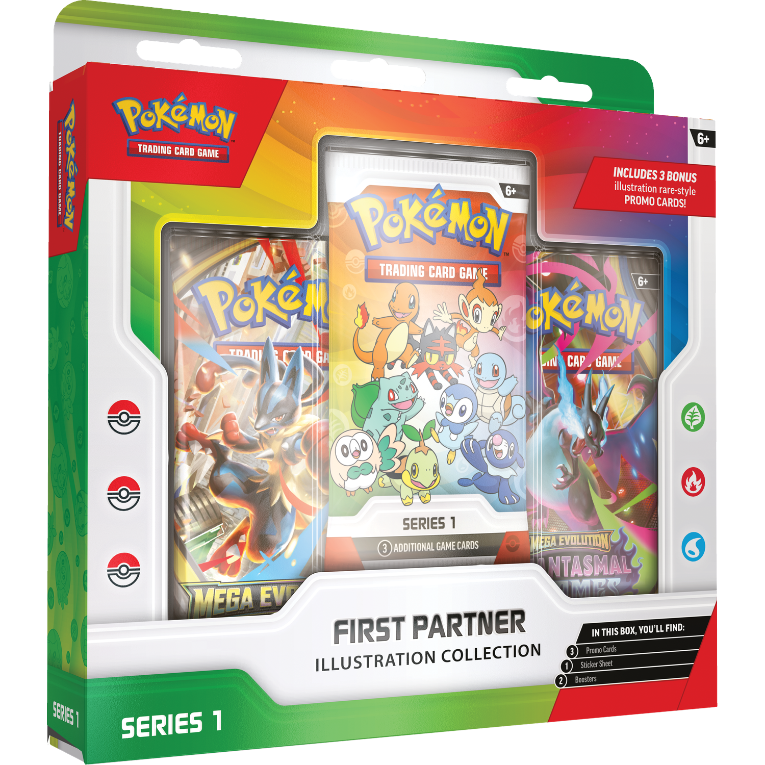 Pokémon Trading Card Game Illustratie Collectie doos met drie pakjes.