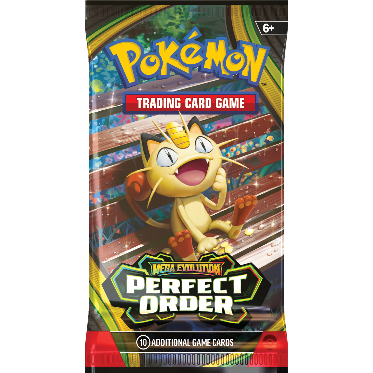Pokemon Trading Card Game pack featuring Meowth and "Perfect Order" branding.