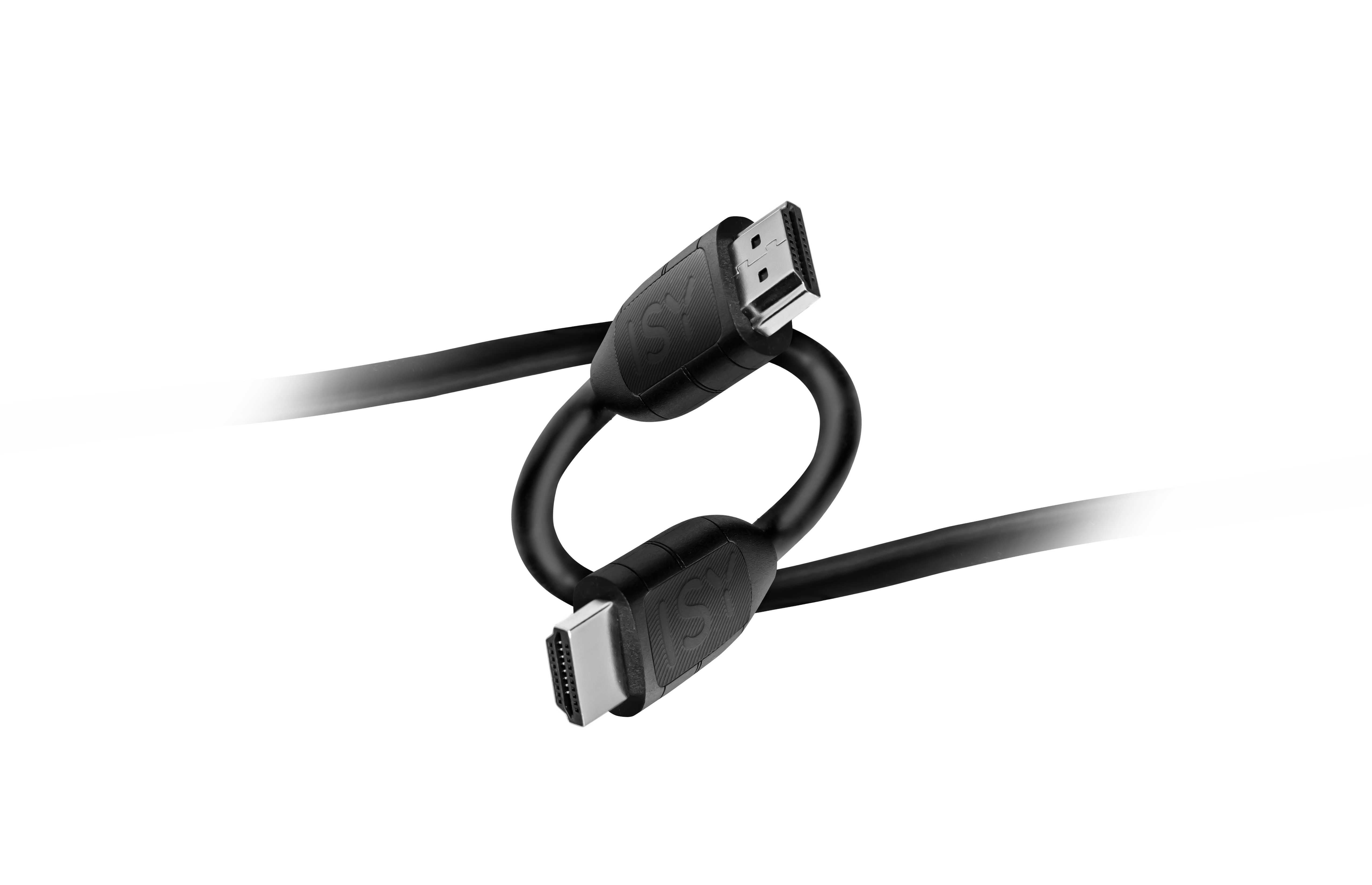 Czarny kabel HDMI ze srebrnymi złączami na czarnym tle.