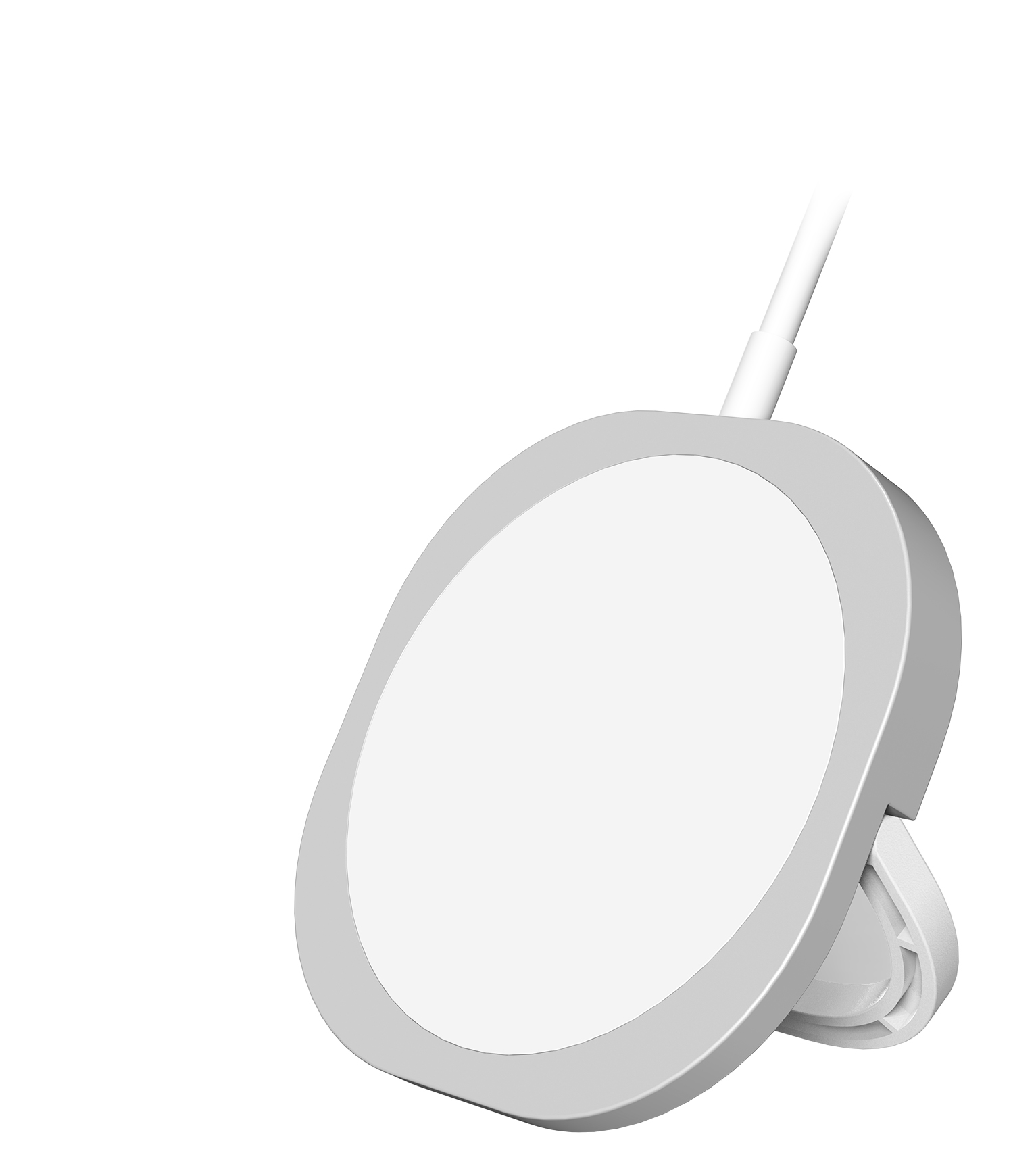 Biały kabel ładujący z okrągłą, srebrną ładowarką na stojaku.