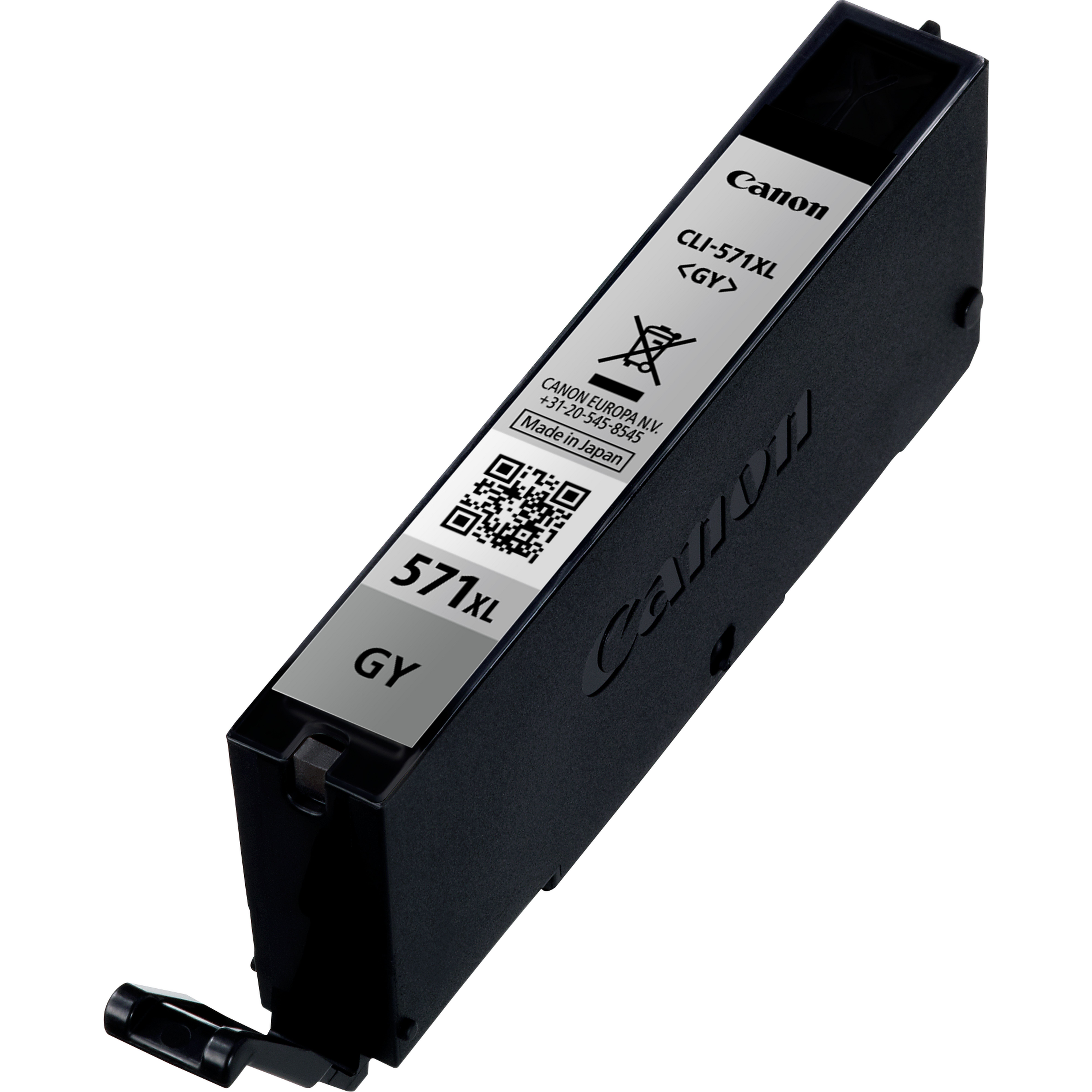Czarny tusz Canon CLI-571XL z szarą etykietą i kodem QR.