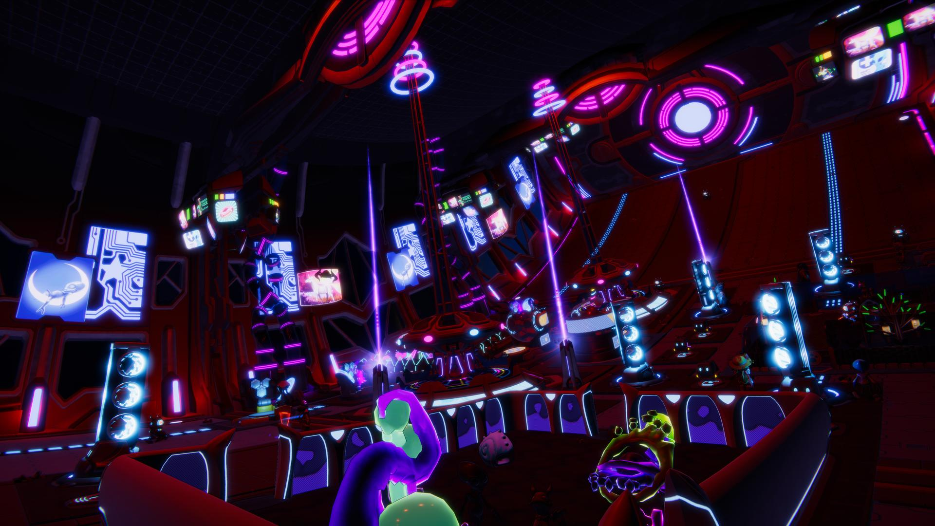 Futurystyczny pokój z neonami, ekranami i obcymi.