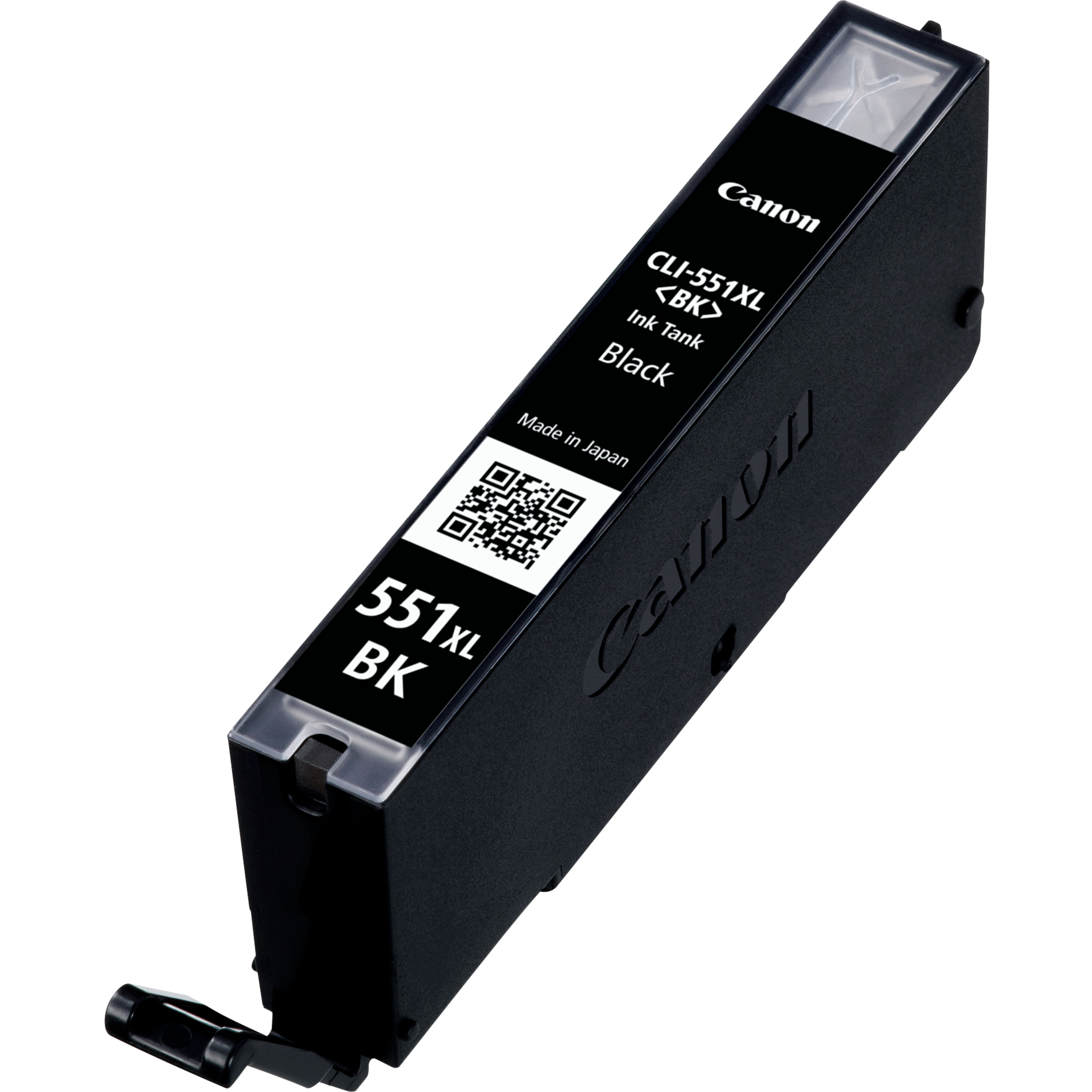 Czarny tusz Canon CLI-551XL z kodem QR i etykietą "Made in Japan".