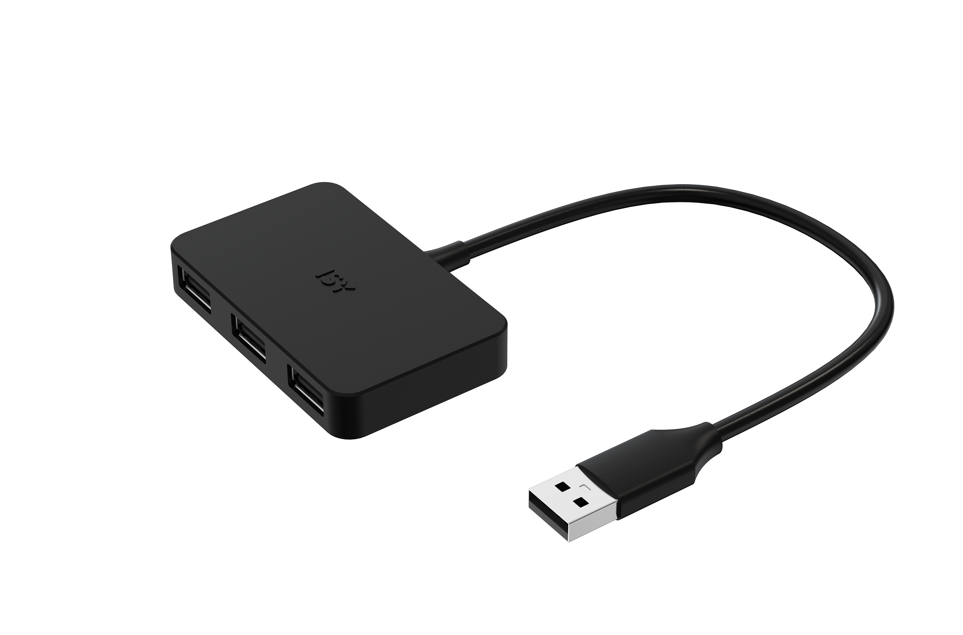 Czarny koncentrator USB z trzema portami i kablem USB na czarnym tle.