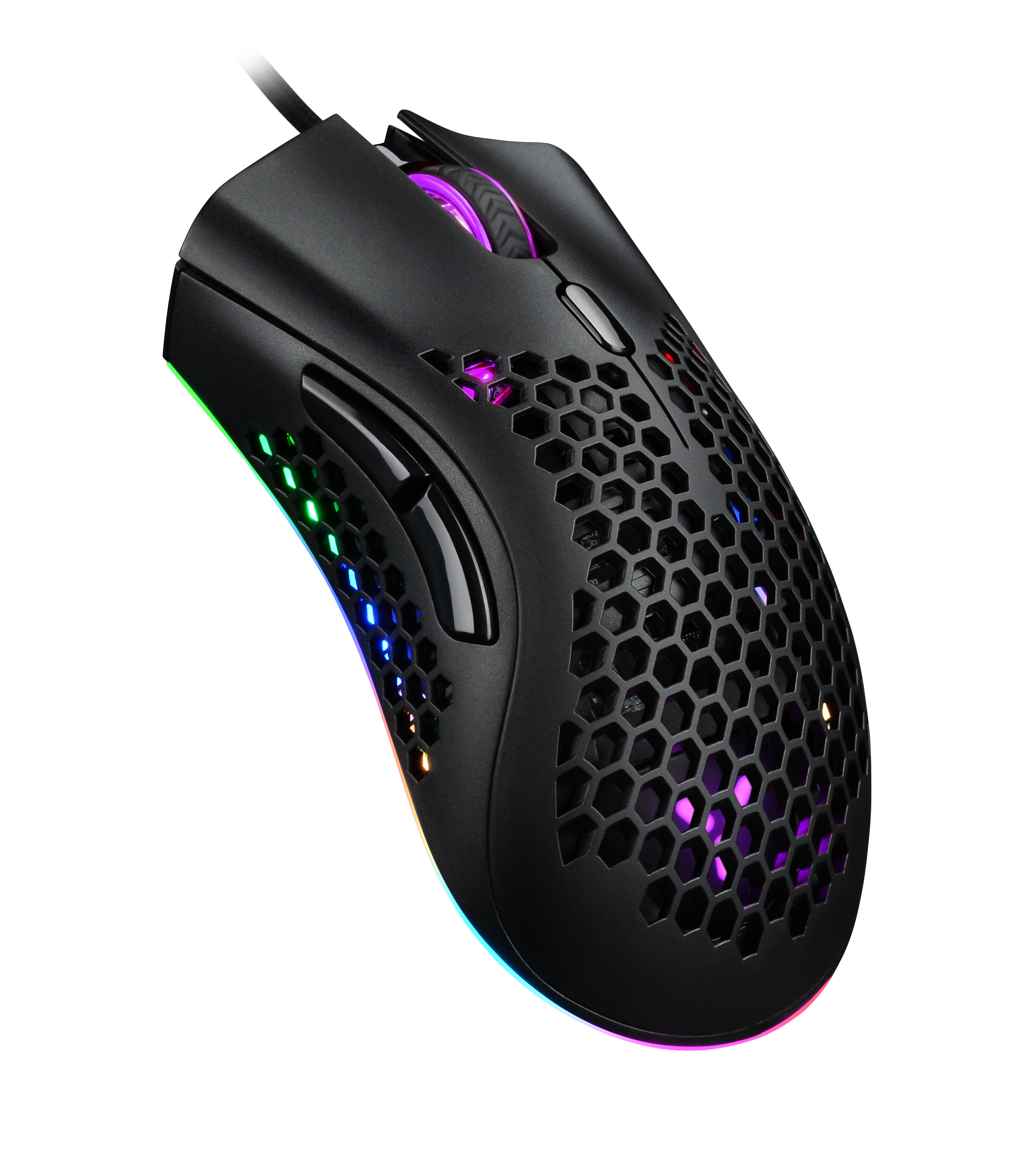 Czarna mysz gamingowa z motywem plastra miodu i oświetleniem RGB na czarnym tle.