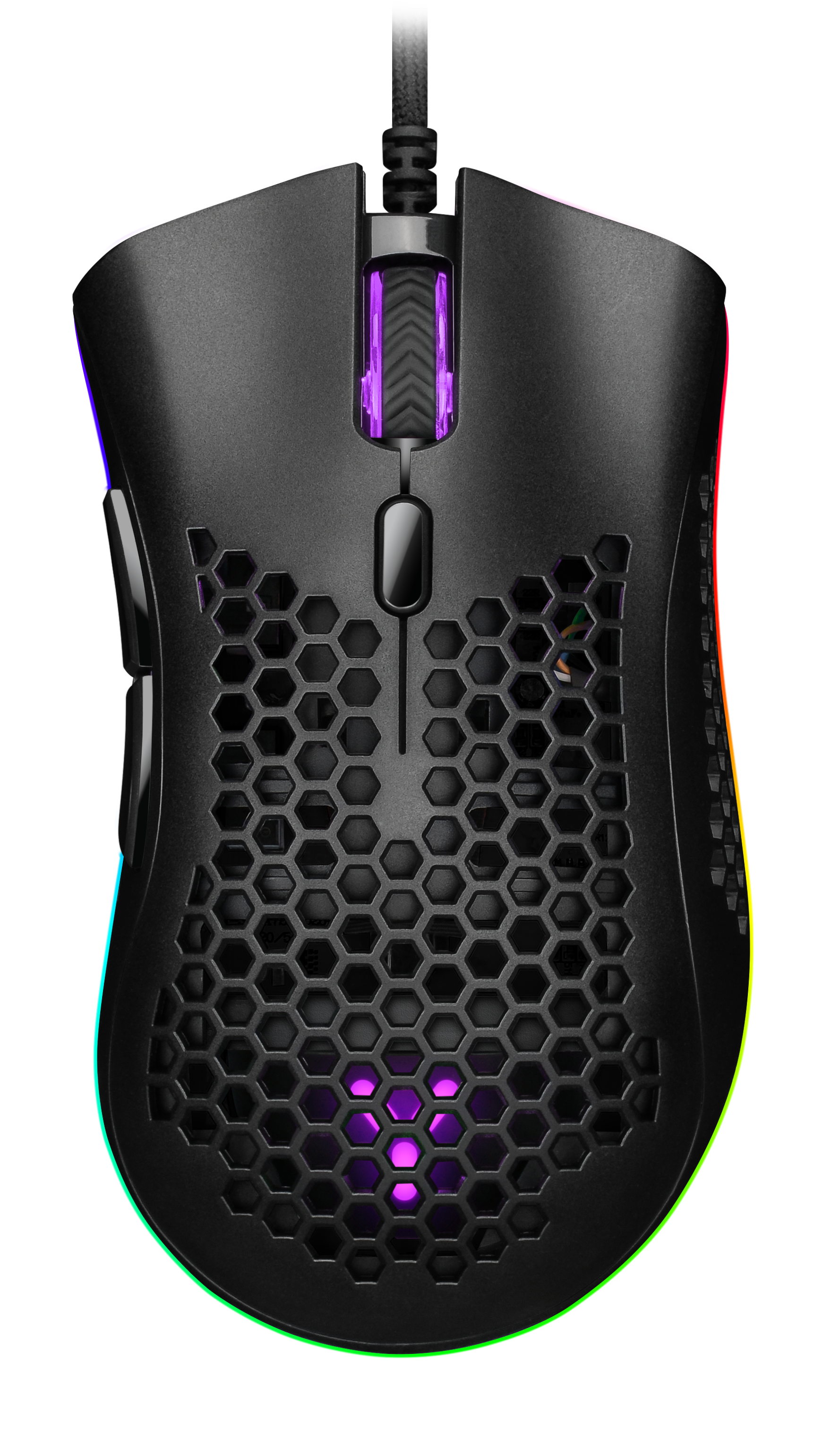 Czarna mysz gamingowa z wzorem plastra miodu i oświetleniem RGB.