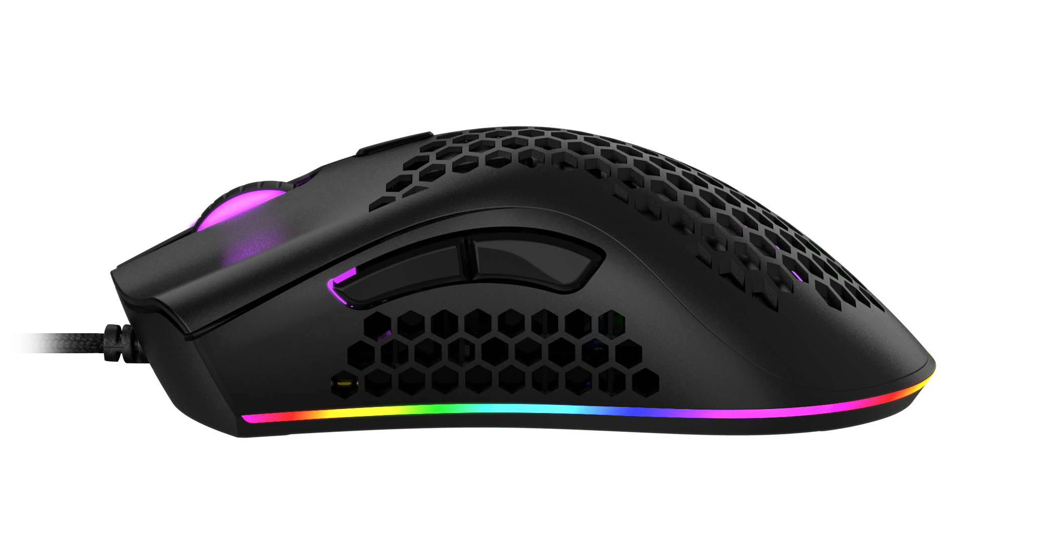 Czarna mysz gamingowa z wzorem plastra miodu i oświetleniem RGB.