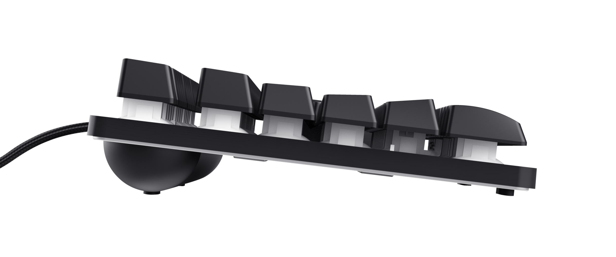 Czarny stojak na klawiaturę z białymi przełącznikami i czarnym kablem.