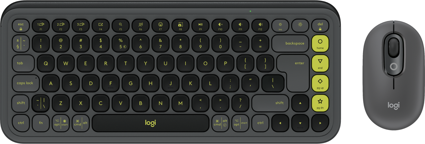 Szara klawiatura i mysz Logitech widoczne z góry. Klawiatura ma żółte oznaczenia.