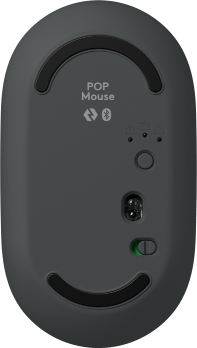 Spód ciemnej myszy z logo 'POP Mouse', symbolami Bluetooth i przełącznikami.