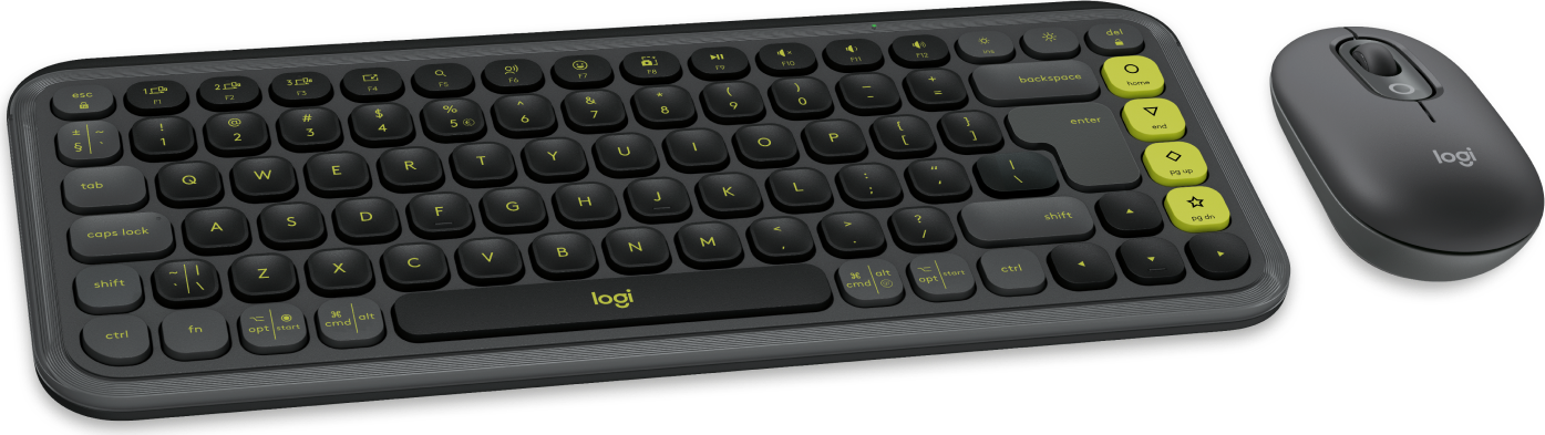 Szara mysz bezprzewodowa i czarna klawiatura z żółtymi klawiszami.